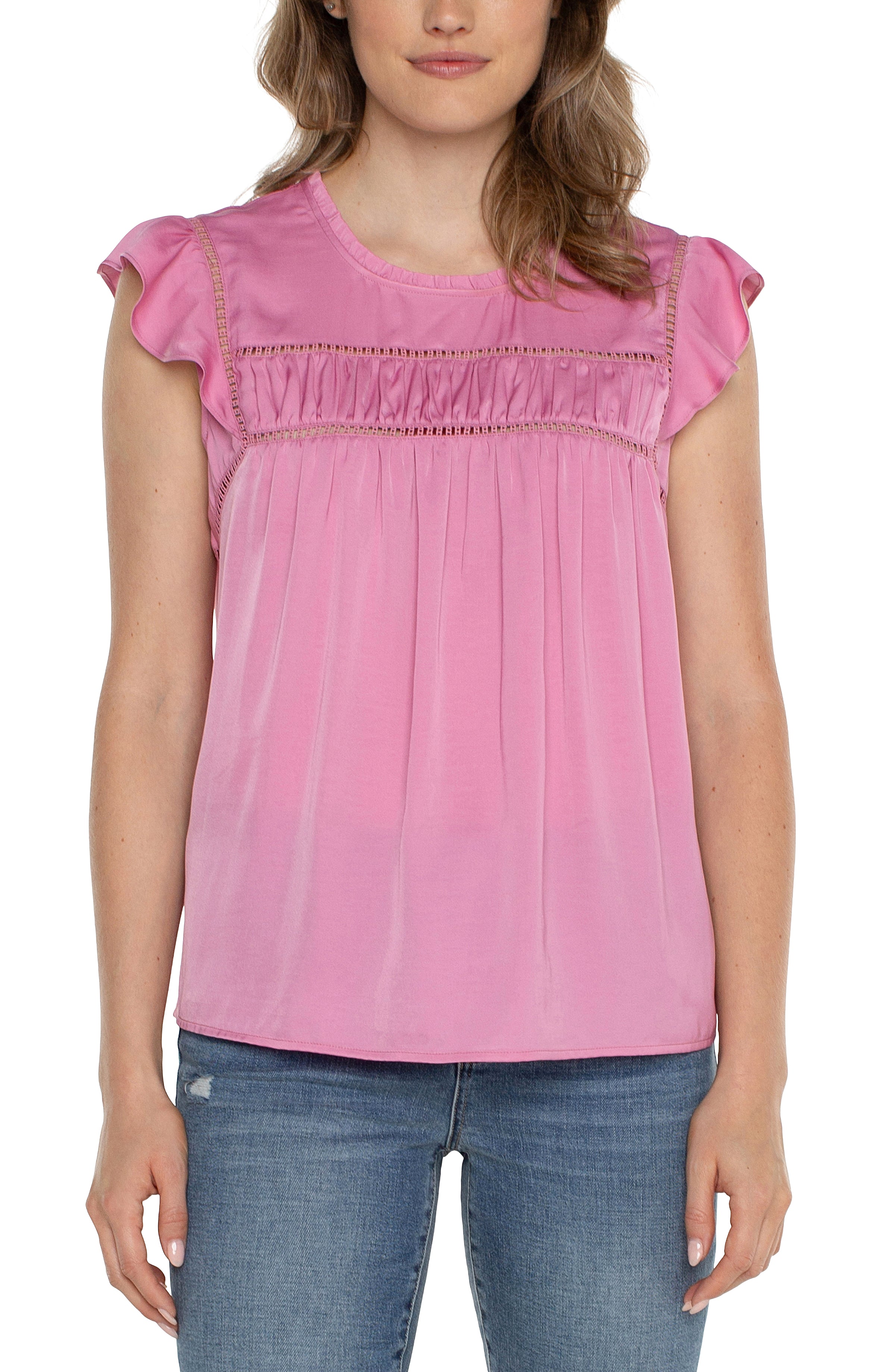 LVP Flutter Sleeve Woven Top - Rose Pink Front View