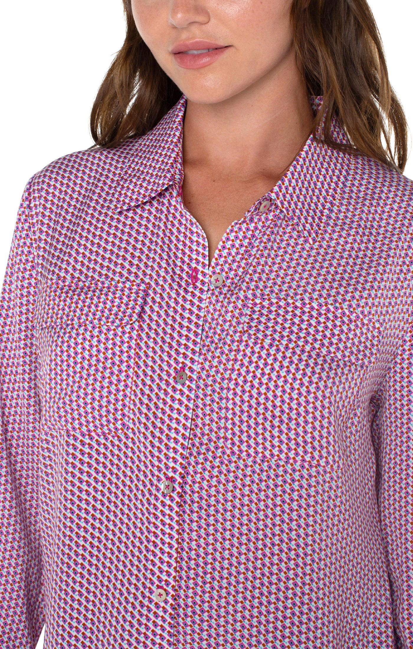 Liverpool Flap Pocket Button Blouse - Fuchsia Geo Close Up View