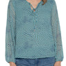 Liverpool Long Sleeve Front Tie Shirred Back Blouse - Ocean Blue Dot Front View