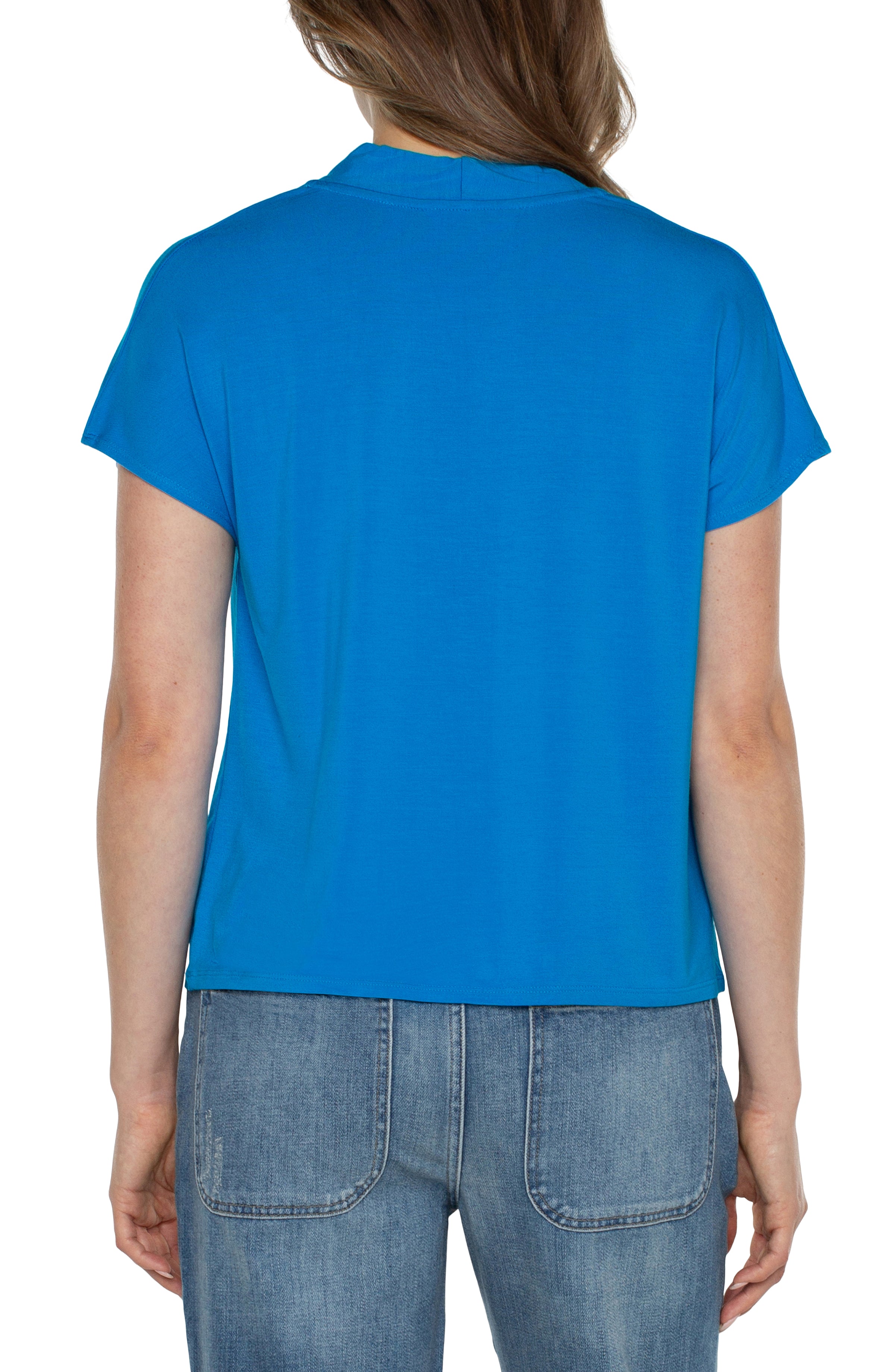 Liverpool Shawl Collar Short Sleeve Dolman Knit Top - Diva Blue Back View