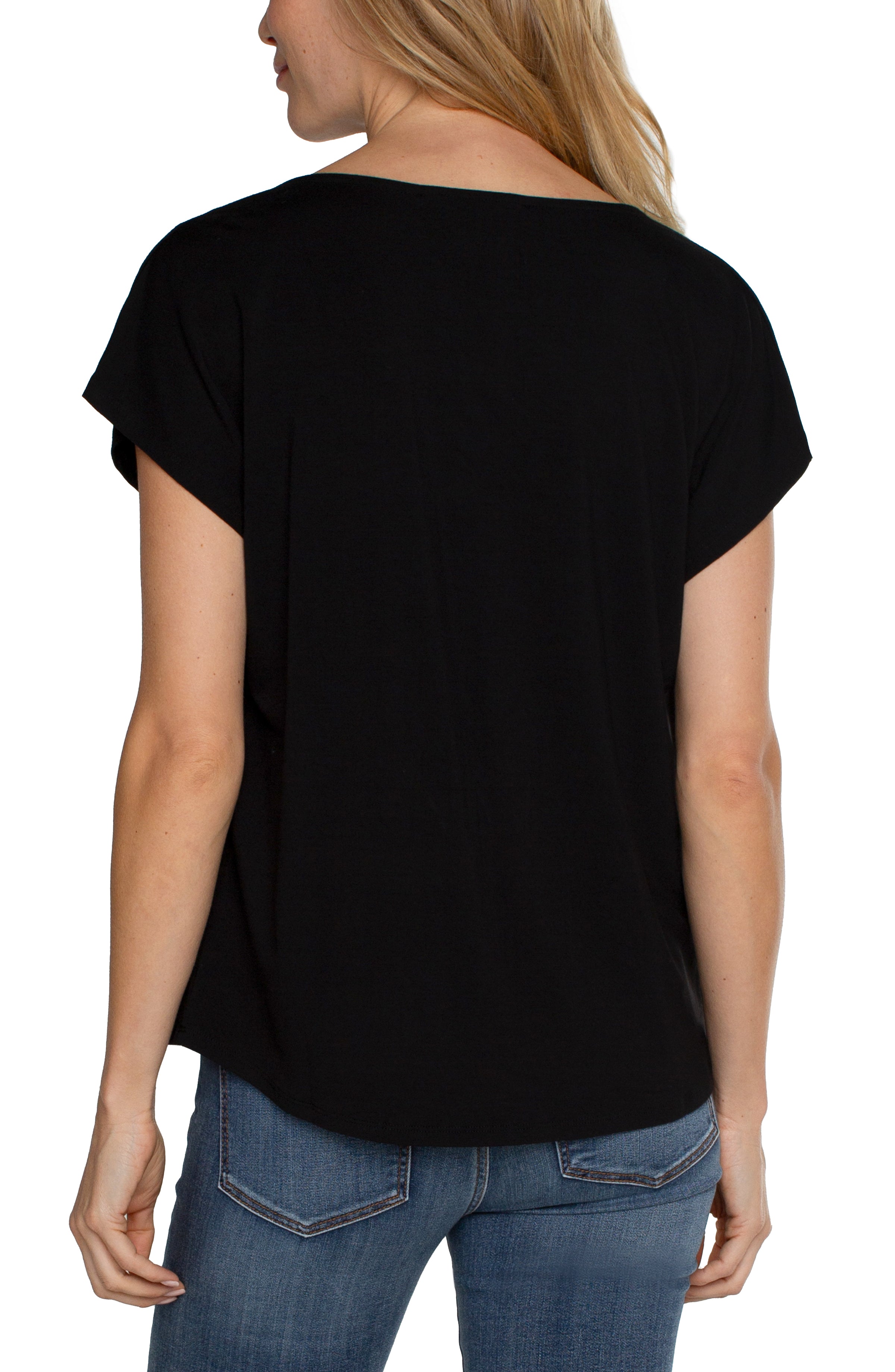 Liverpool Short Sleeve Draped Cowl Neck Top - Black Back View