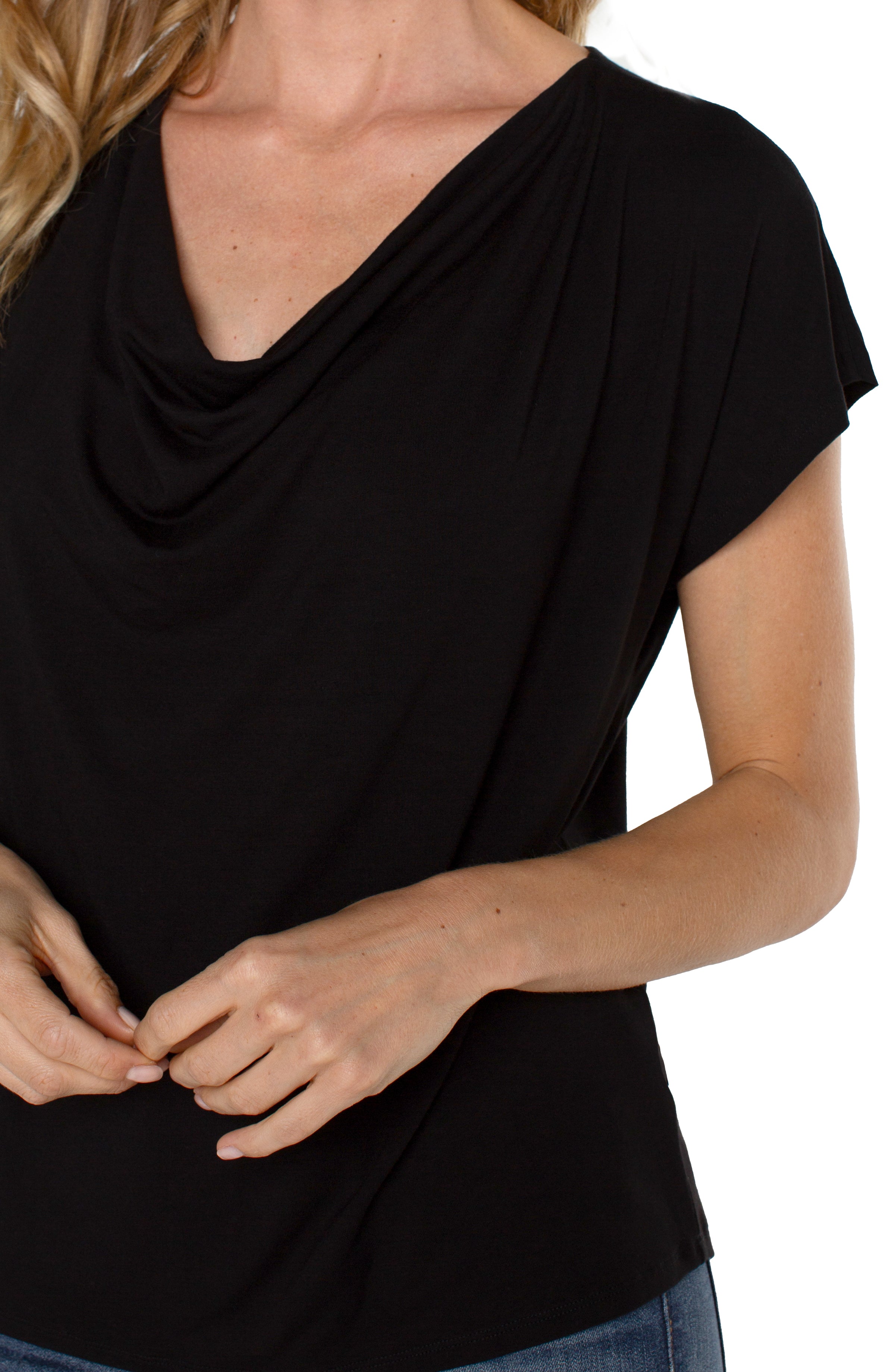 Liverpool Short Sleeve Draped Cowl Neck Top - Black Close Up View