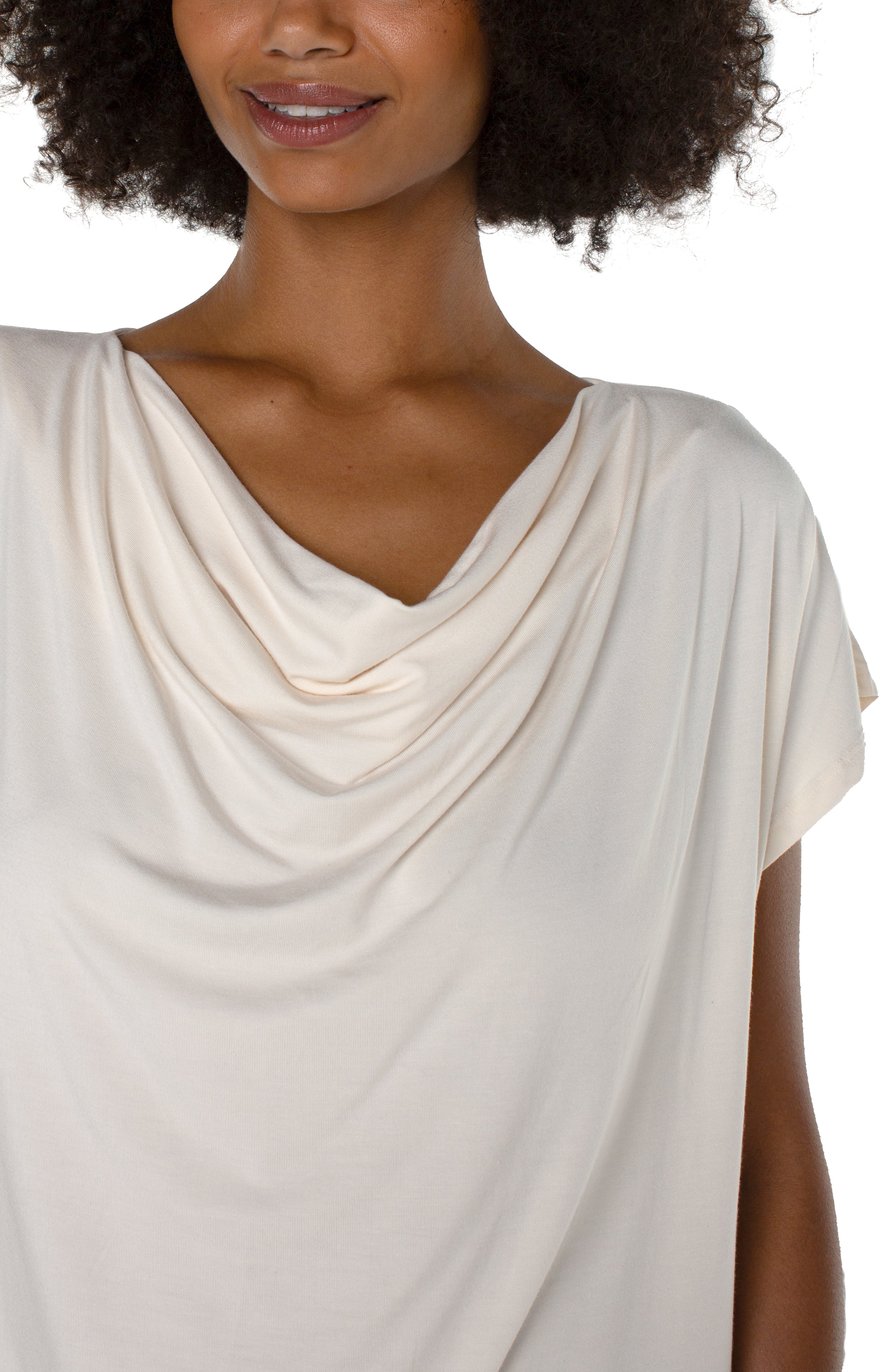 Liverpool Short Sleeve Draped Cowl Neck Top - French Cream Close Up View