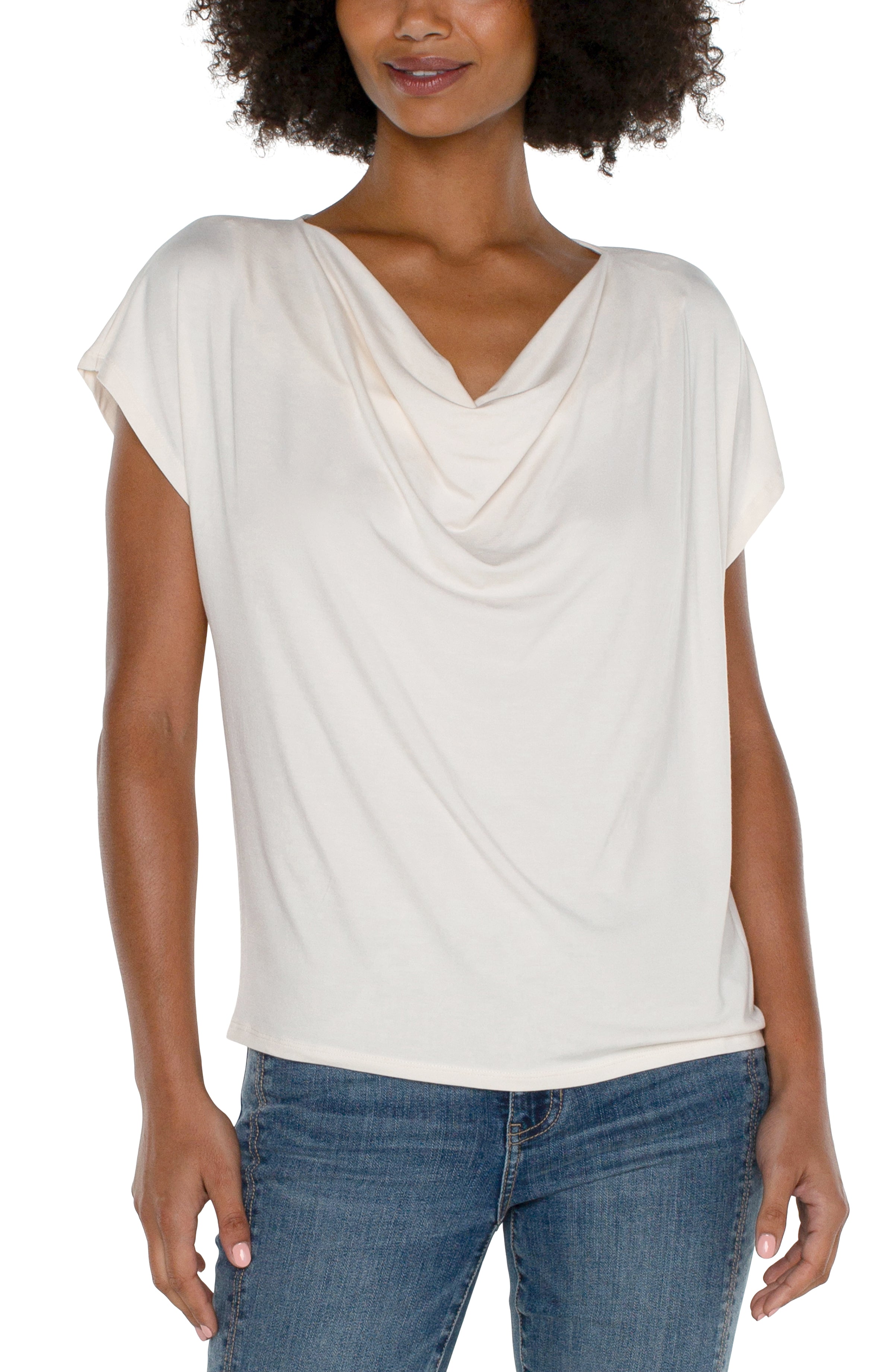 Liverpool Short Sleeve Draped Cowl Neck Top - French Cream Front View