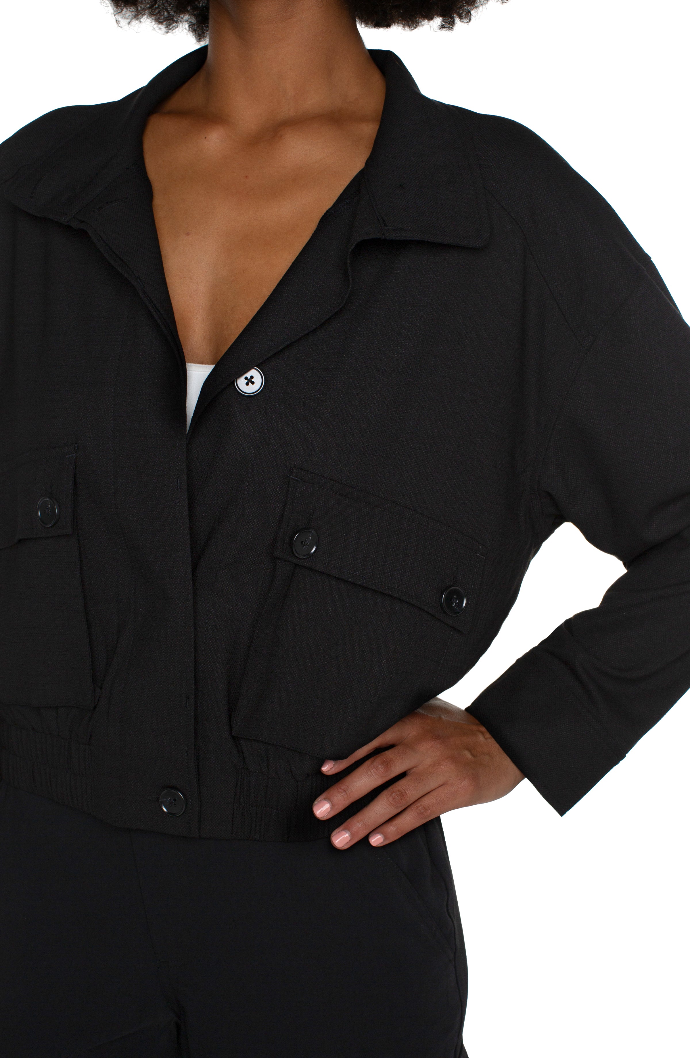 Liverpool Utility Jacket with Cinch Hem - Black Close Up View
