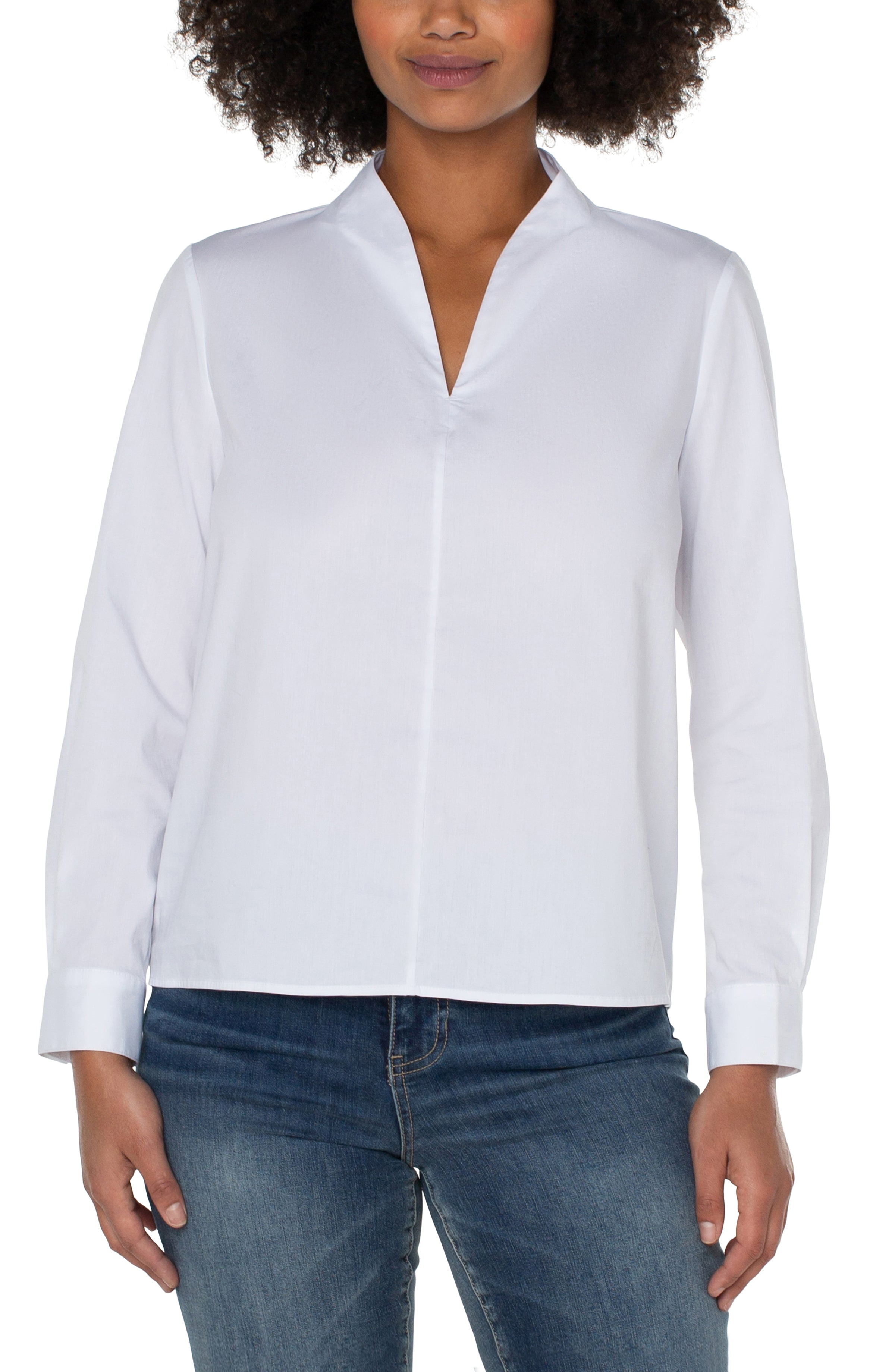 Liverpool V Neck Long Sleeve Woven Top - White
