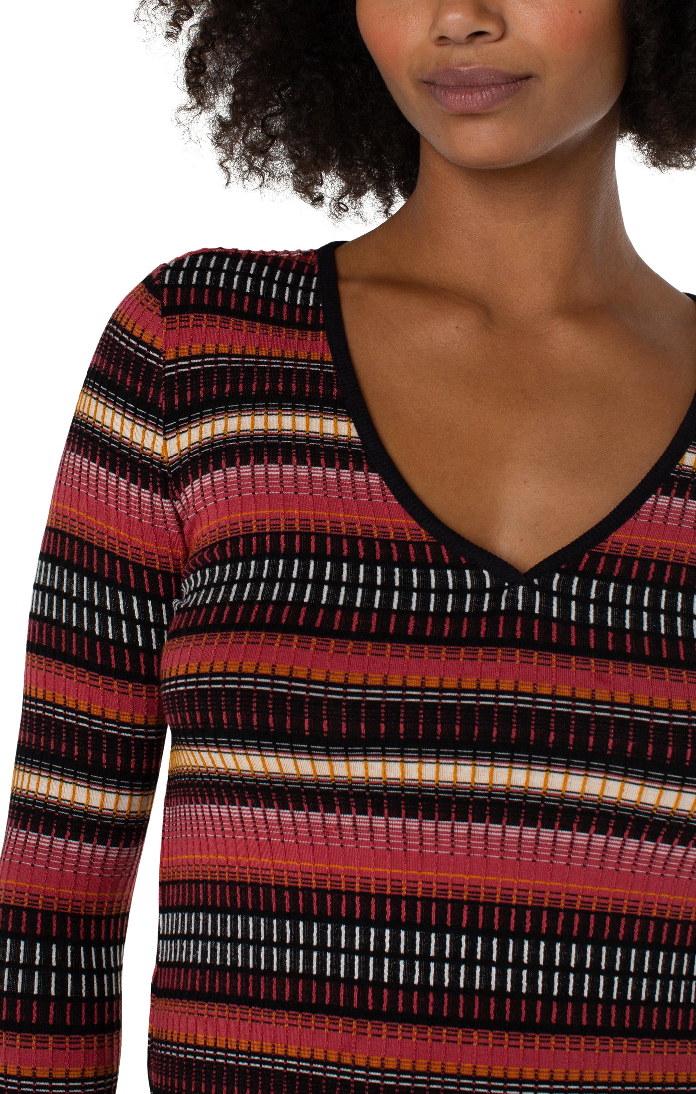 Liverpool 3/4 Sleeve V Neck Knit Top - Multi Abstract Stripe