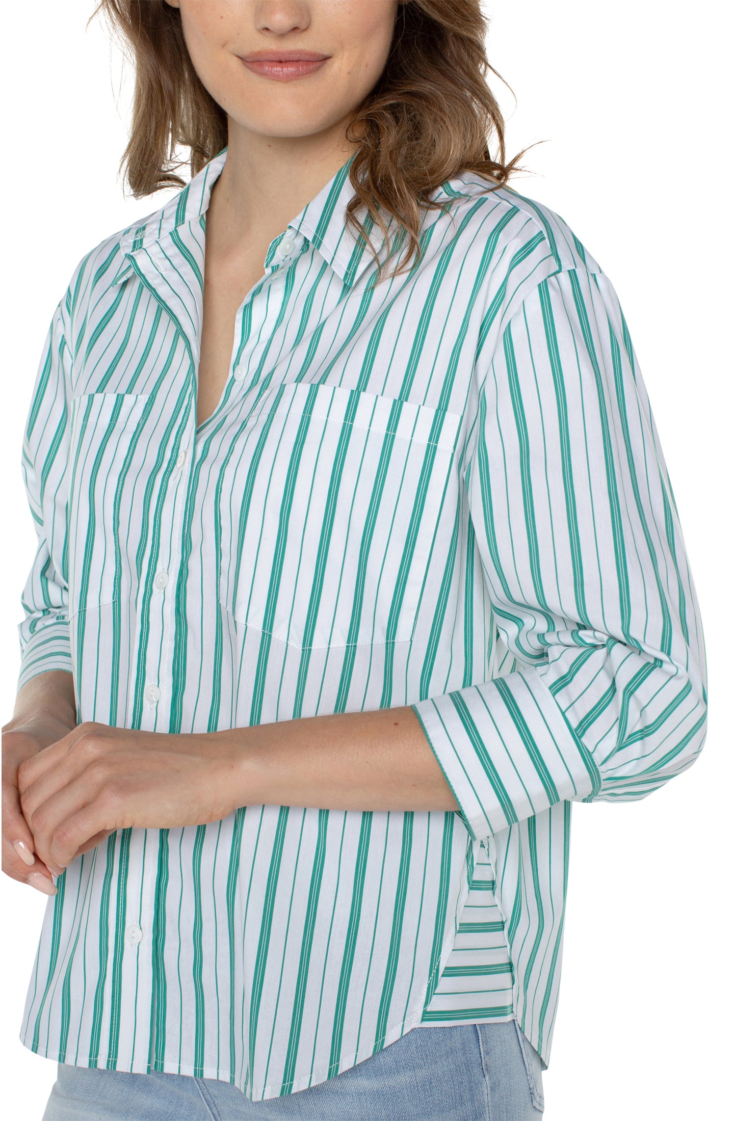 LVP 3/4 Sleeve Front Button - Teal White Stripe Stripe Close Up View