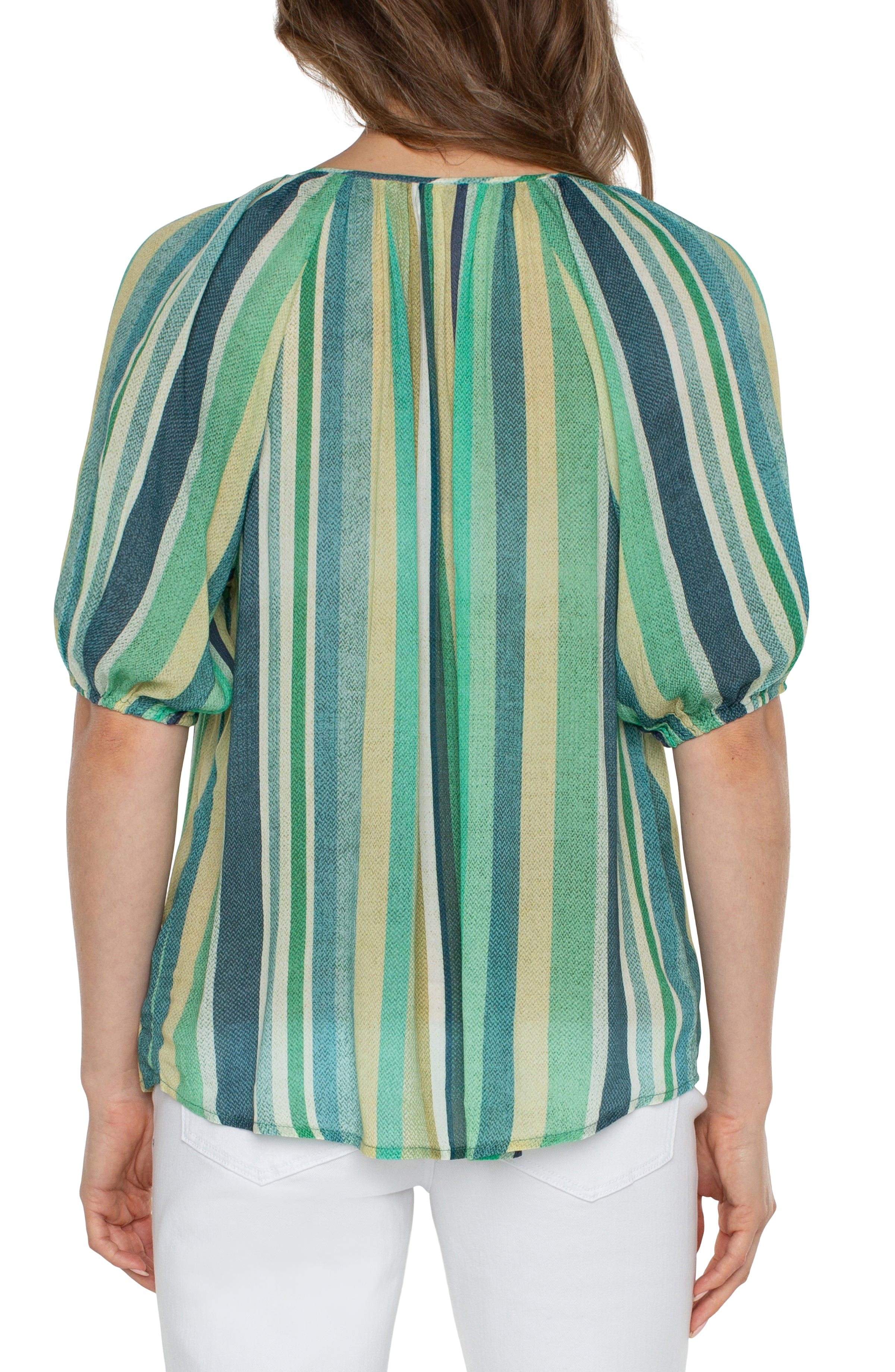 LVP Button Front Shirred Woven Blouse - Teal Multi Stripe back View