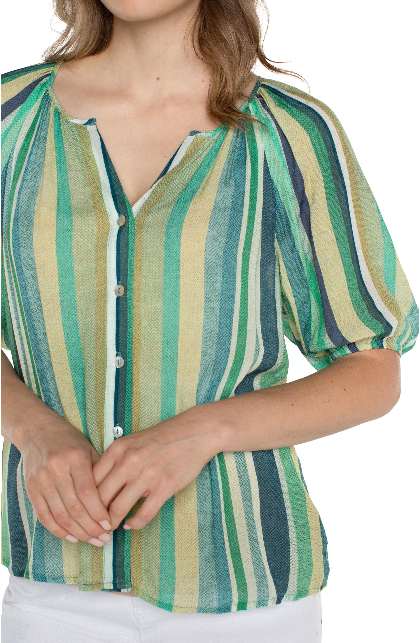 LVP Button Front Shirred Woven Blouse - Teal Multi Stripe Close Up View