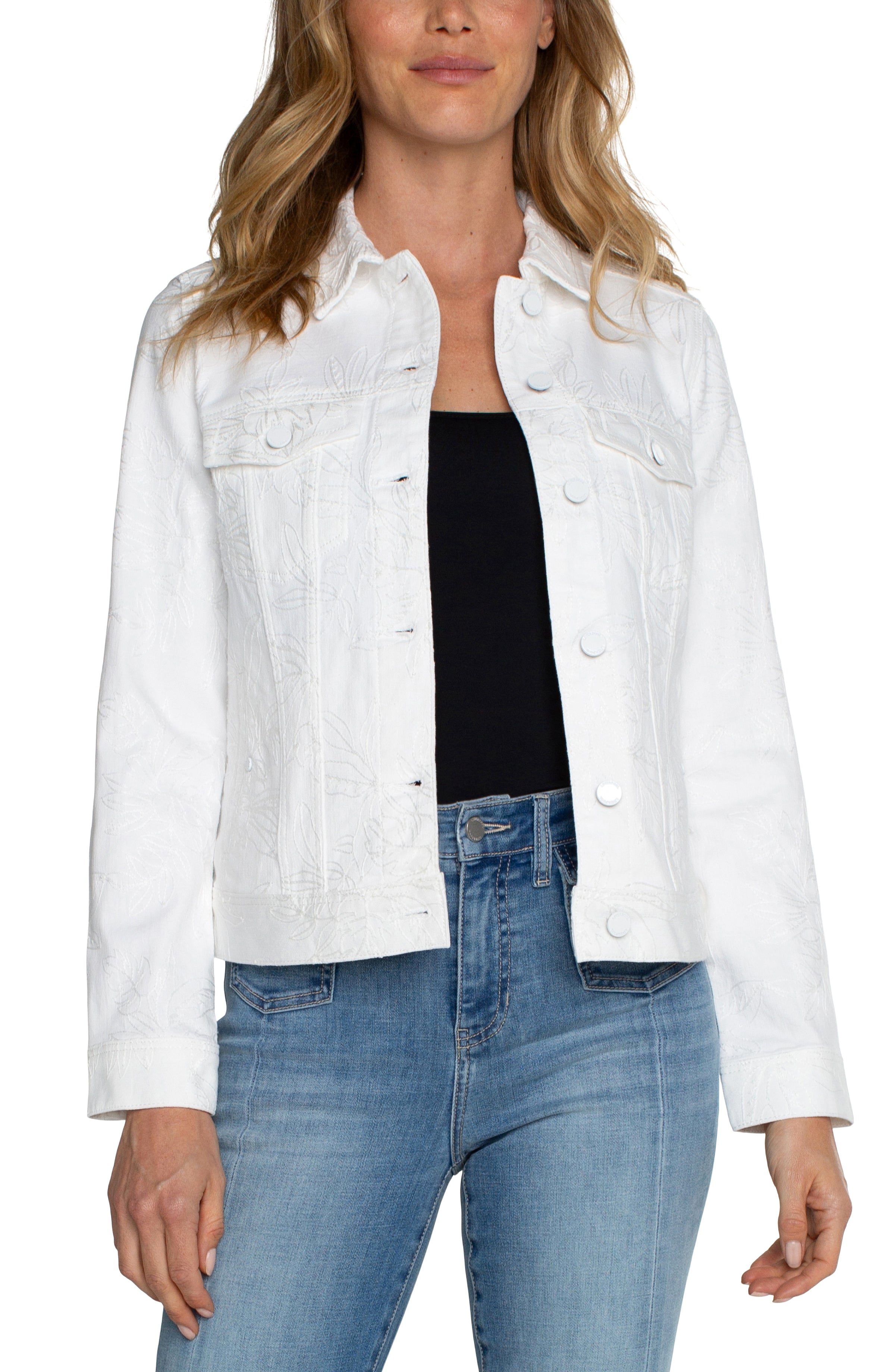 LVP Jean Jacket - Bright White Floral Front View