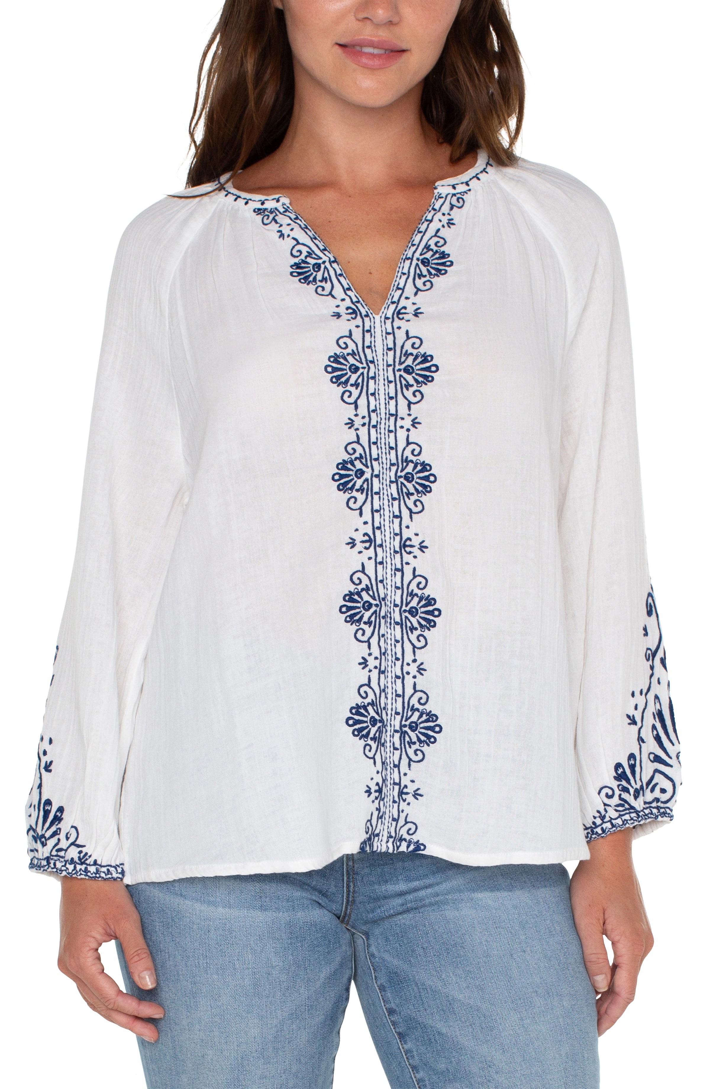 LVP Long Sleeve Embroidered Top - Off White Front View