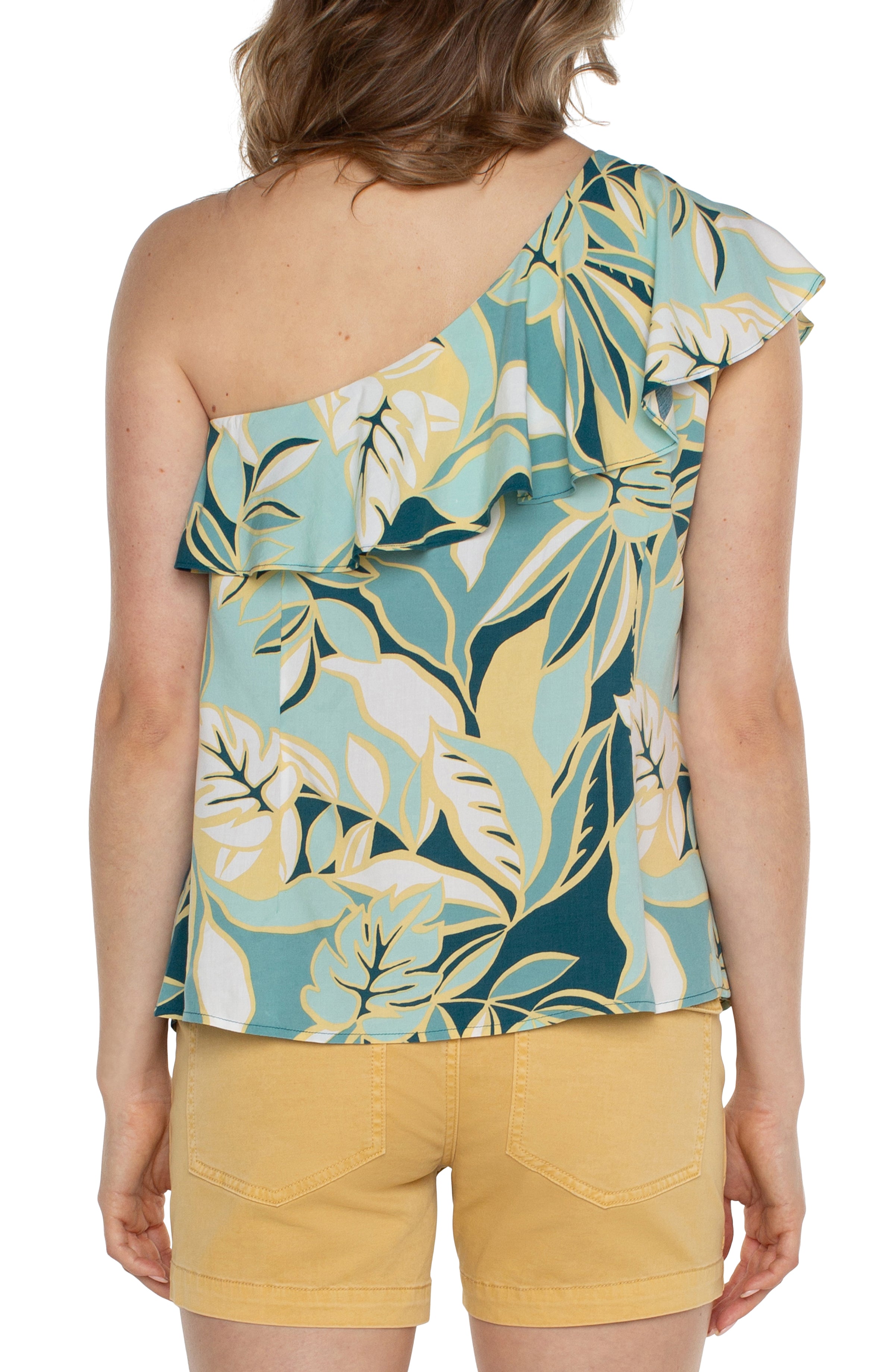 LVP One Shoulder Ruffle Print - Teal Tropical Back View
