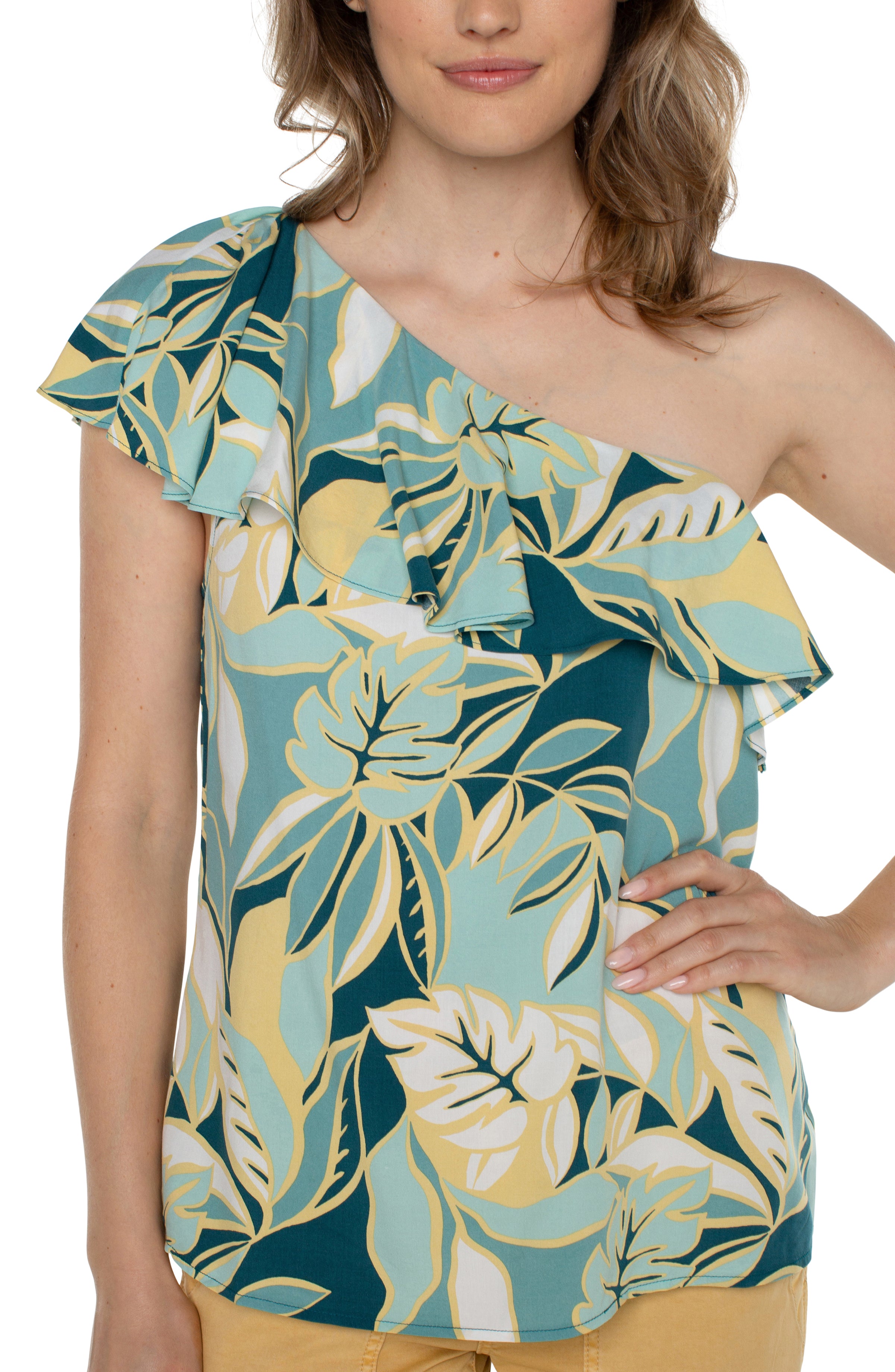 LVP One Shoulder Ruffle Print - Teal Tropical Close Up View