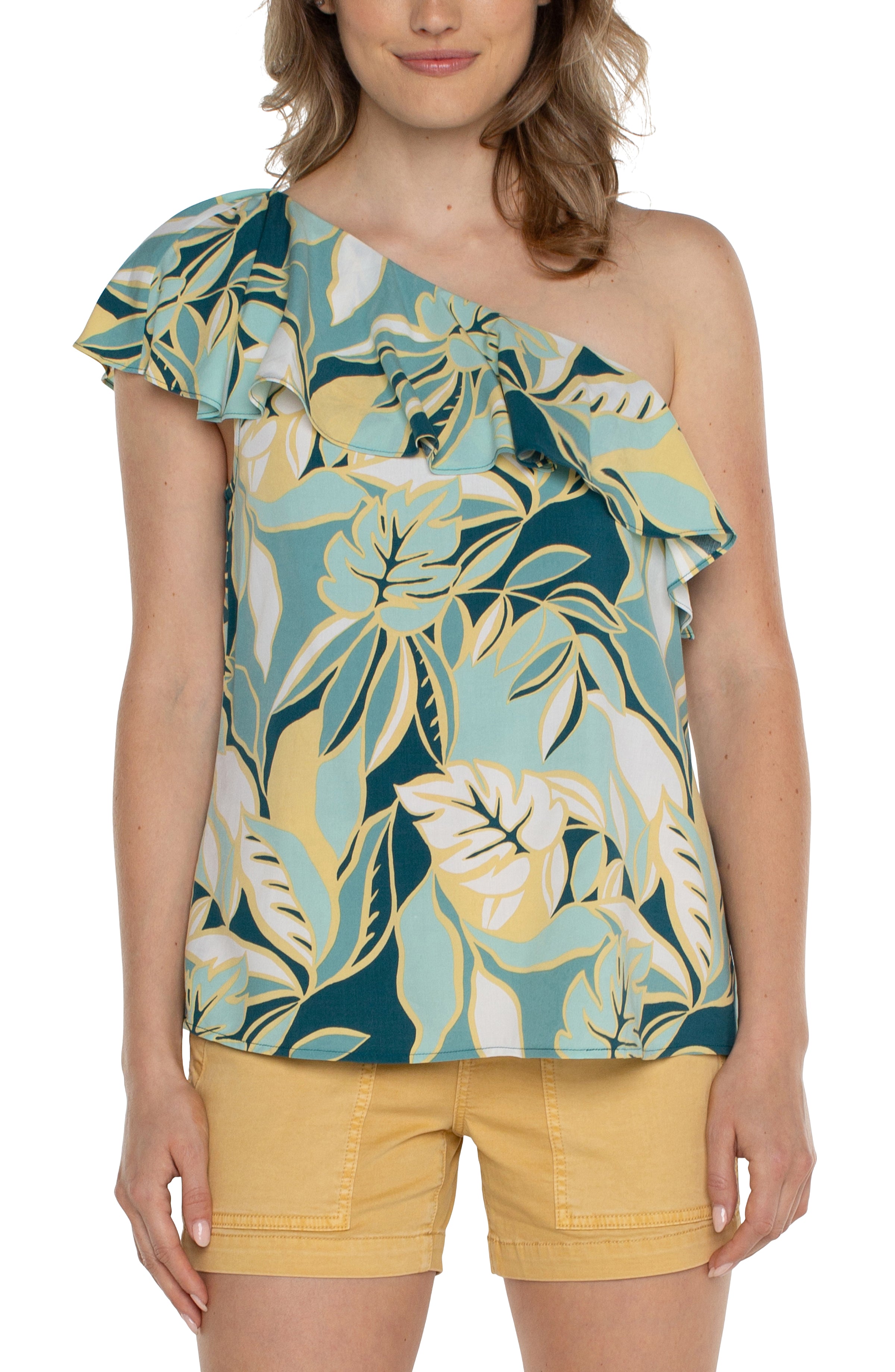LVP One Shoulder Ruffle Print - Teal Tropical Front View