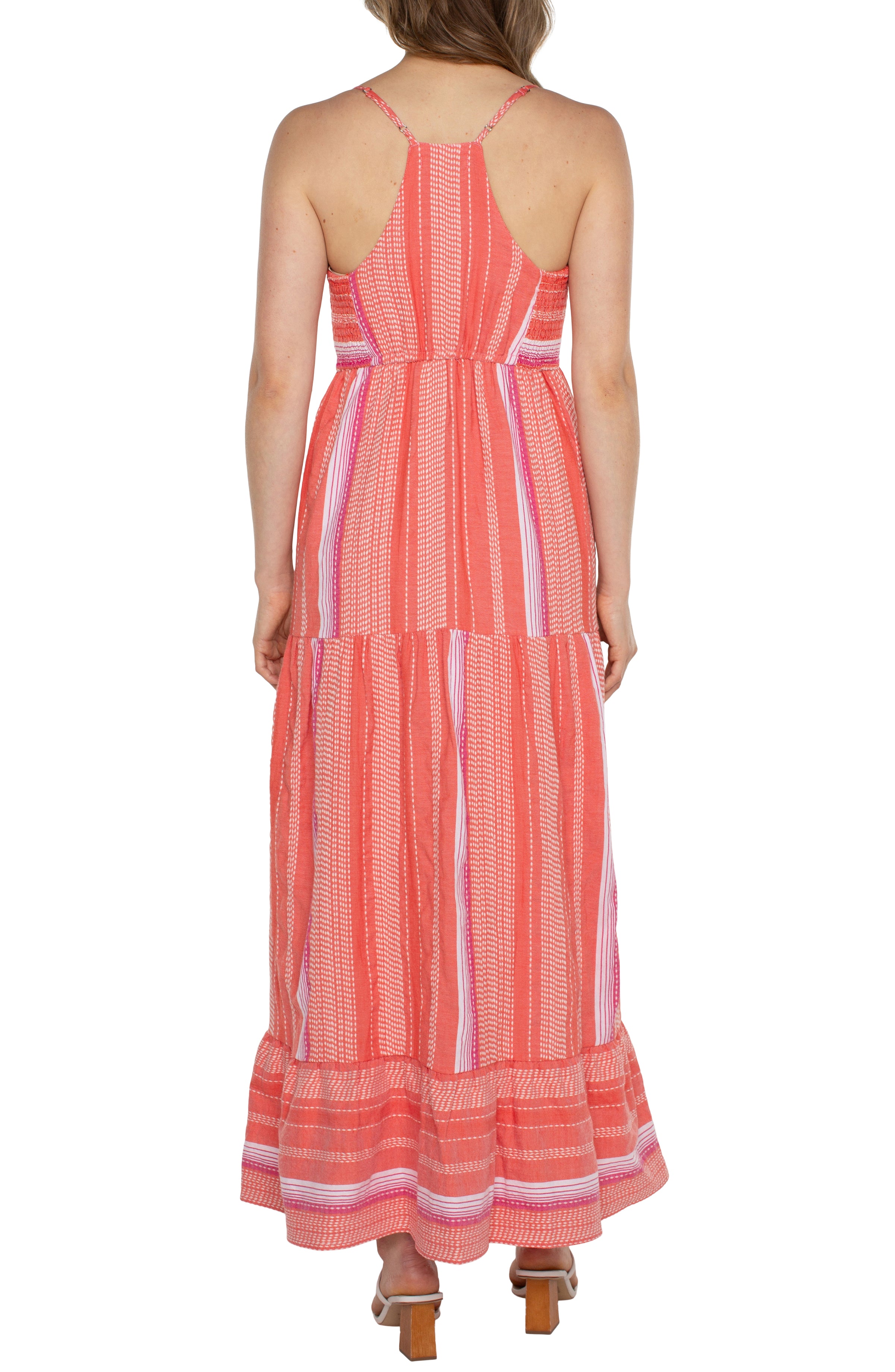 LVP Racer Back Tiered Maxi Dress - Coral Multi Back View