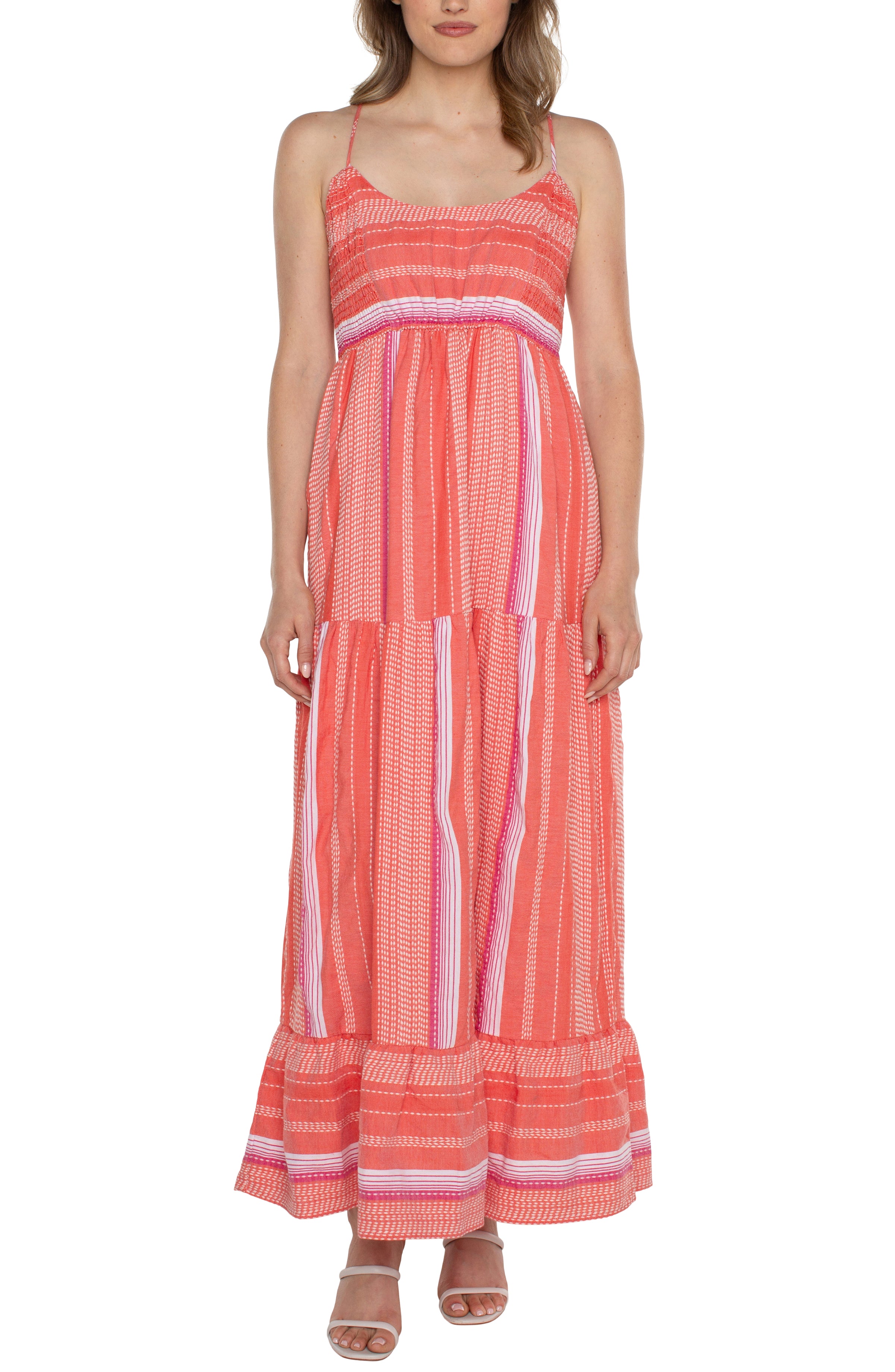 LVP Racer Back Tiered Maxi Dress - Coral Multi Front View