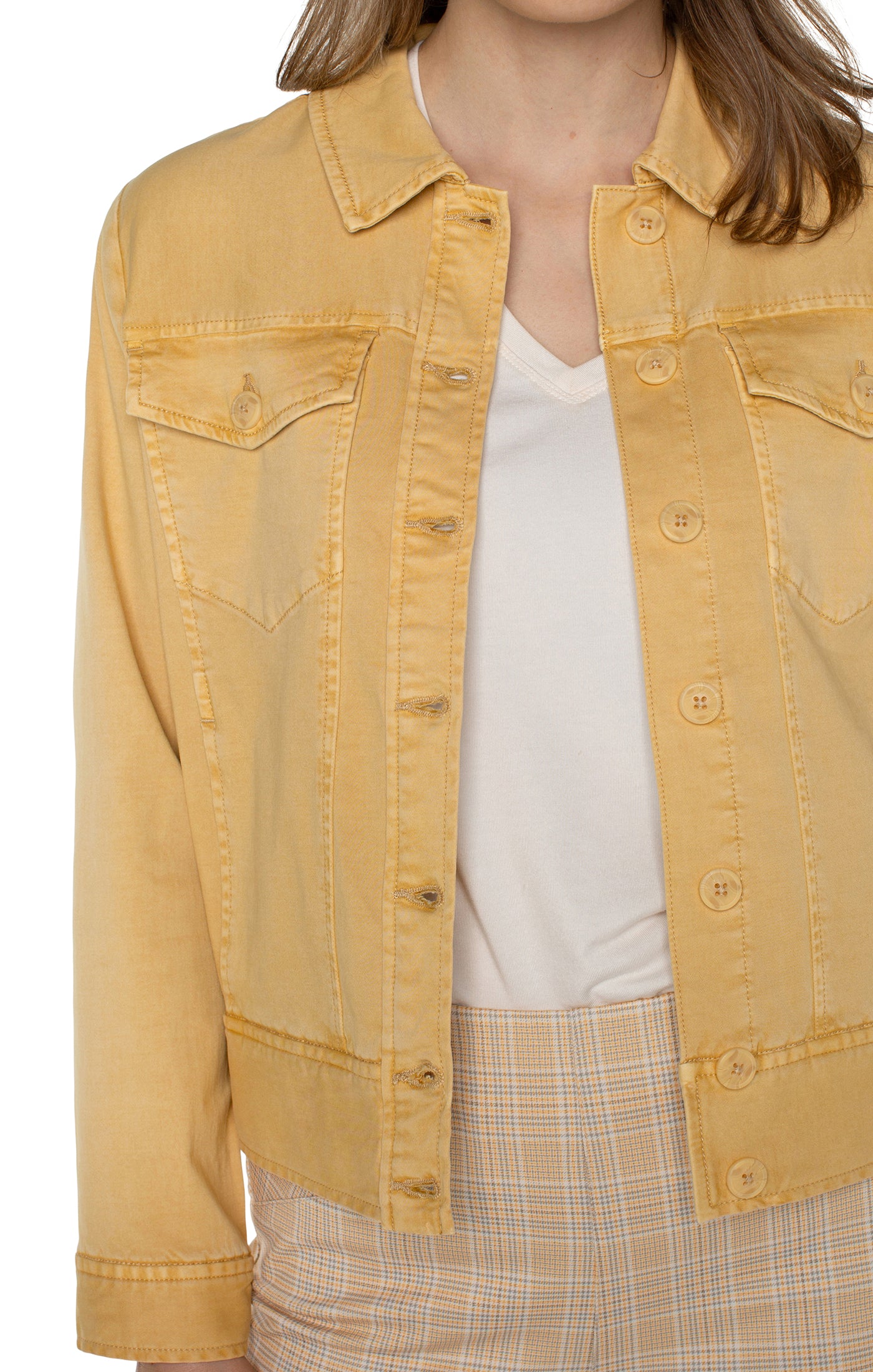 LVP Trucker Jacket with Elastic Back - Flaxen Gold Close Up View