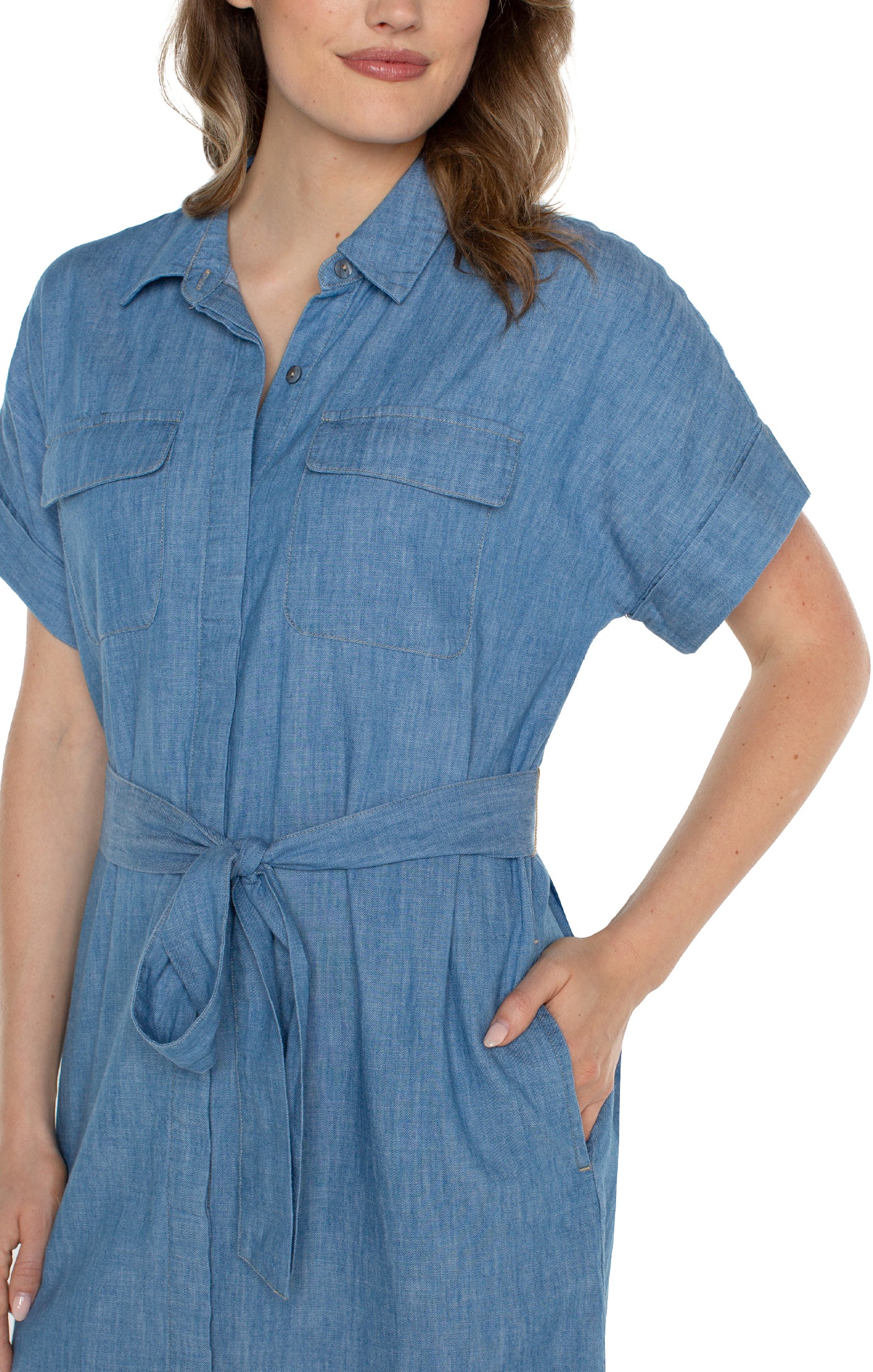 Liverpool Belted Shirt Dress Chambray CLose Up View
