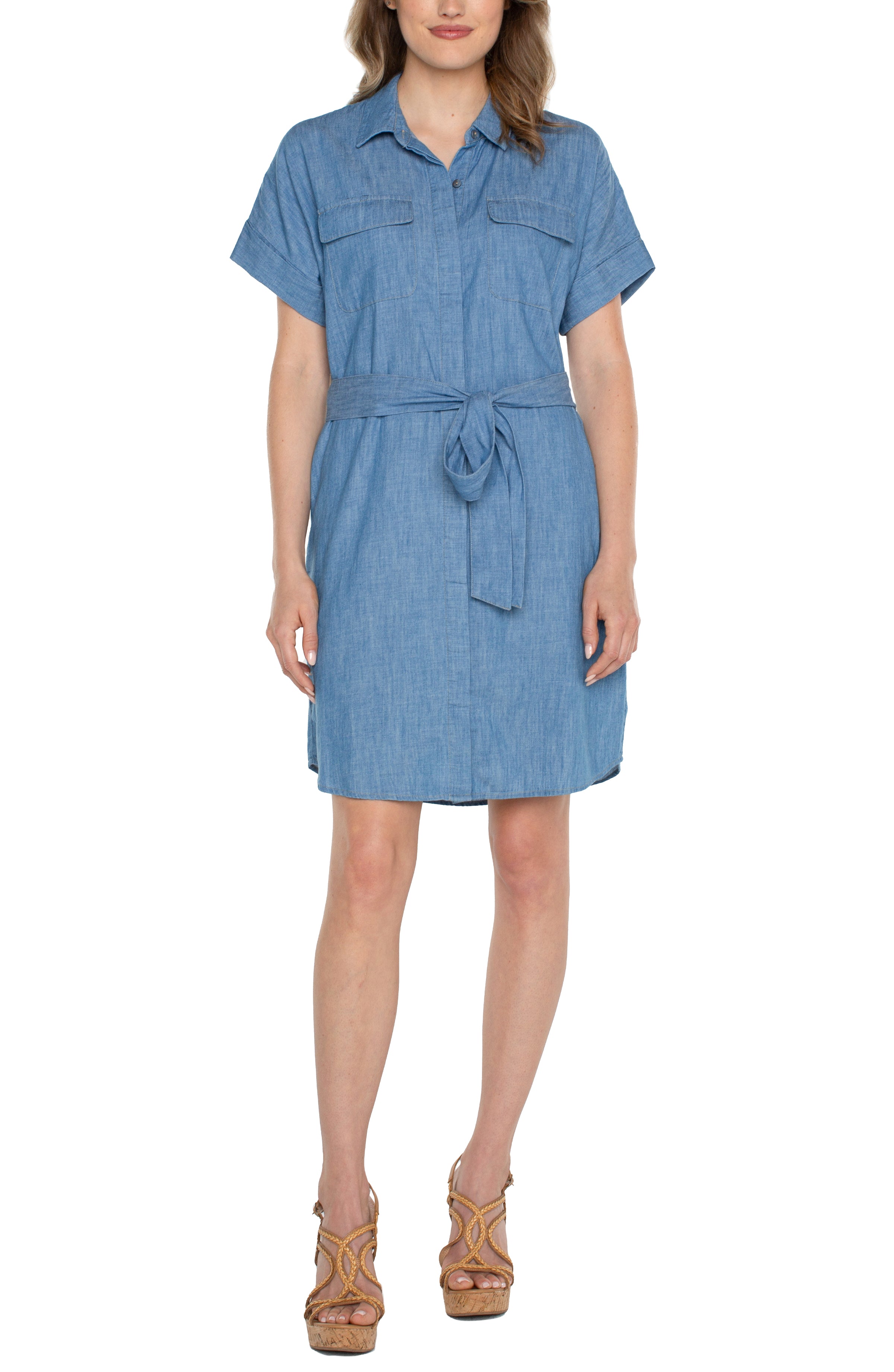 Liverpool Belted Shirt Dress Chambray Front View