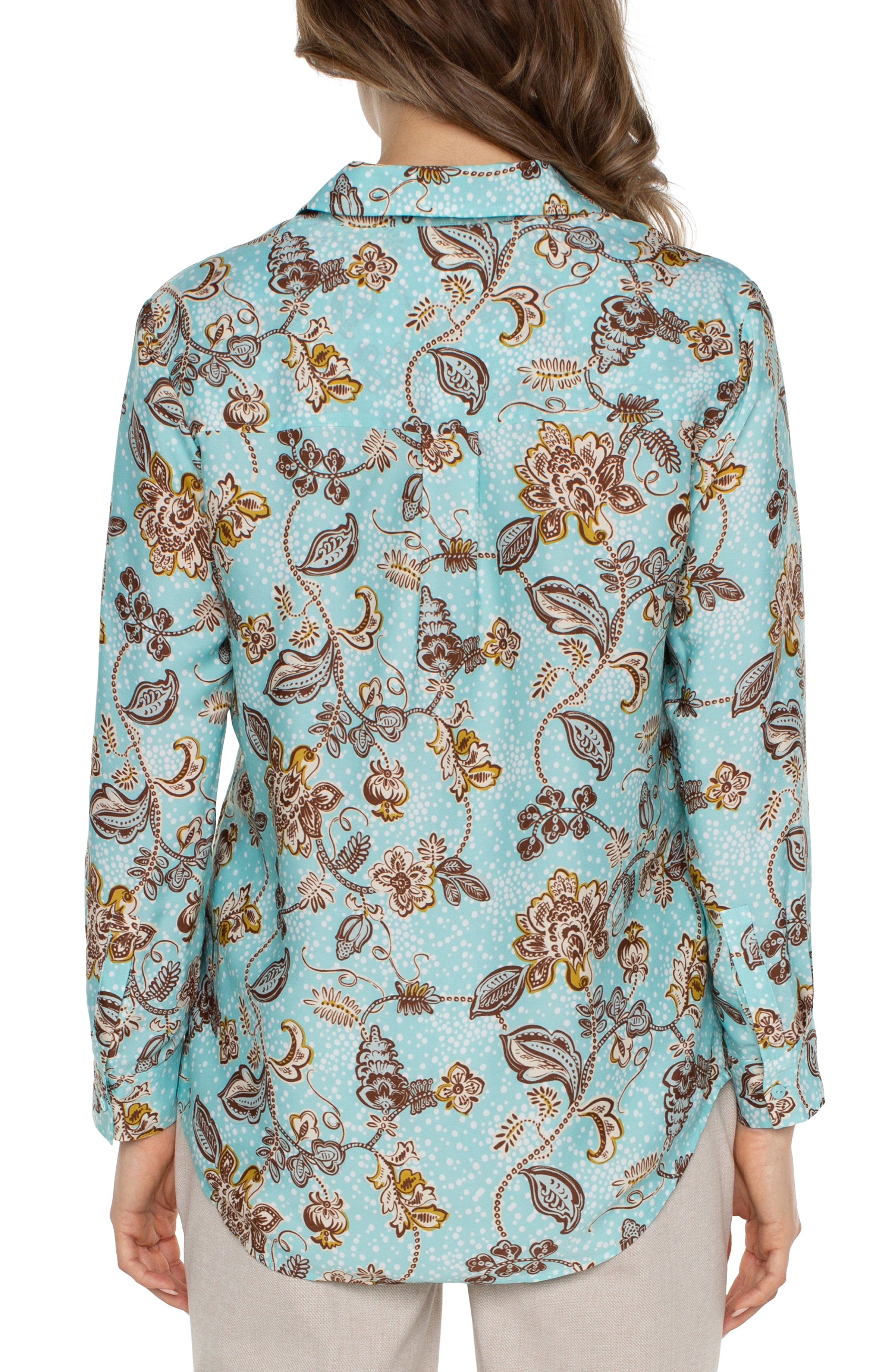 Liverpool Button Up Blouse Woven Pastel Turquoise Floral back View