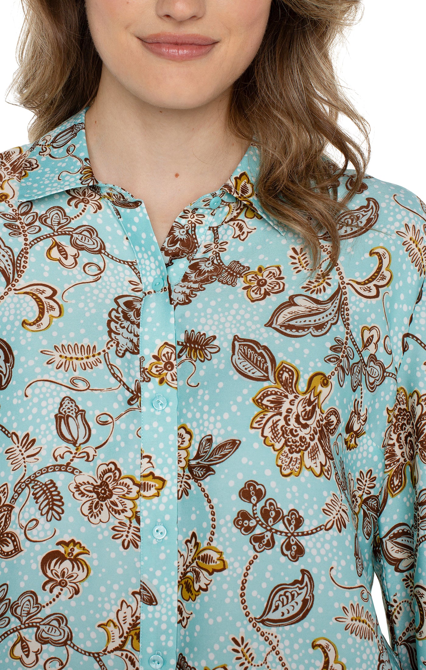 Liverpool Button Up Blouse Woven Pastel Turquoise Floral Close Up View