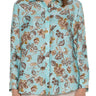 Liverpool Button Up Blouse Woven Pastel Turquoise Floral Front View