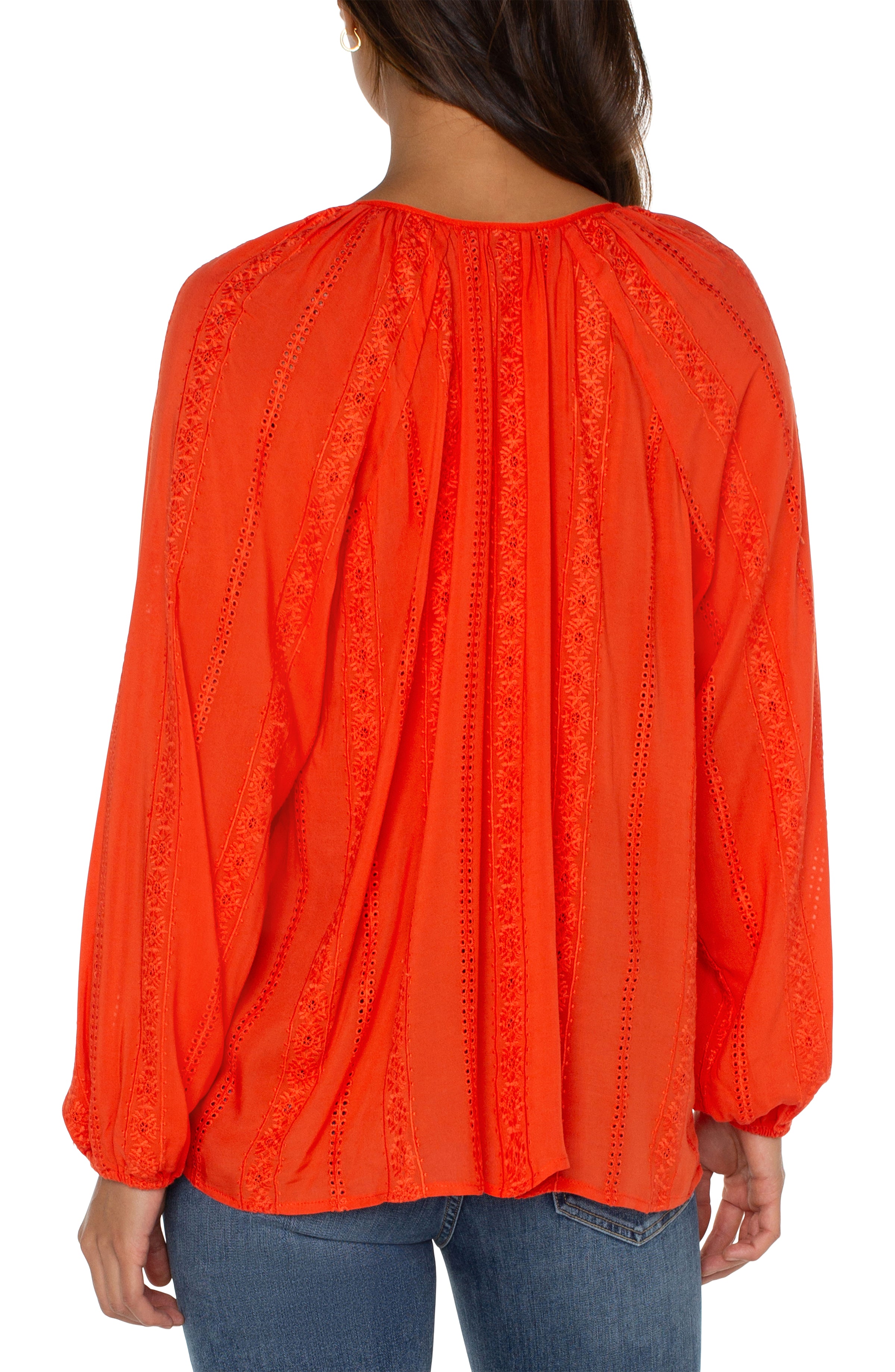 Liverpool Embroidered Shirred Blouse - Coral Blaze Back View
