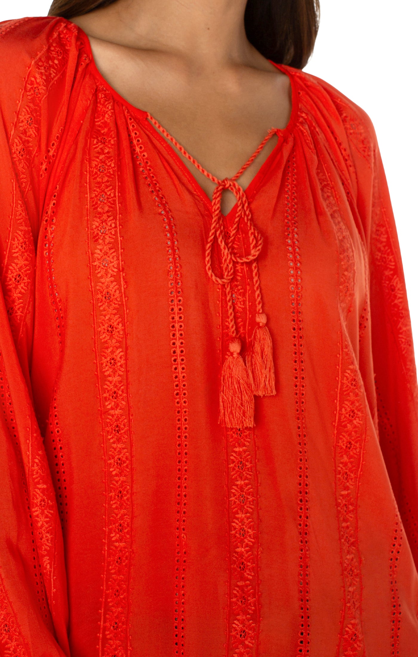Liverpool Embroidered Shirred Blouse - Coral Blaze Close Up View