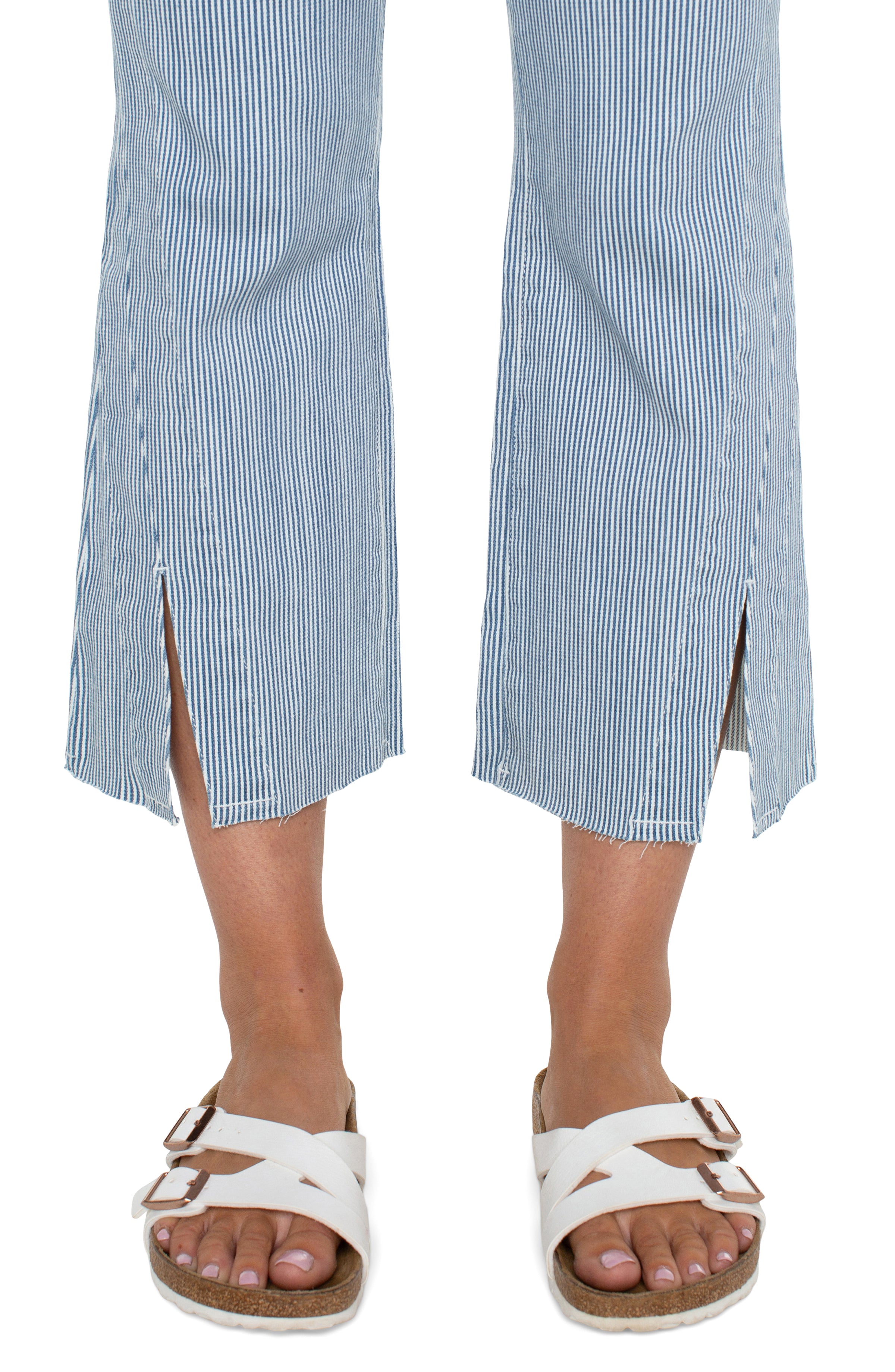 Liverpool Gia Glider Crop Flare Twisted Seam - Chambray Stripe Close Up View