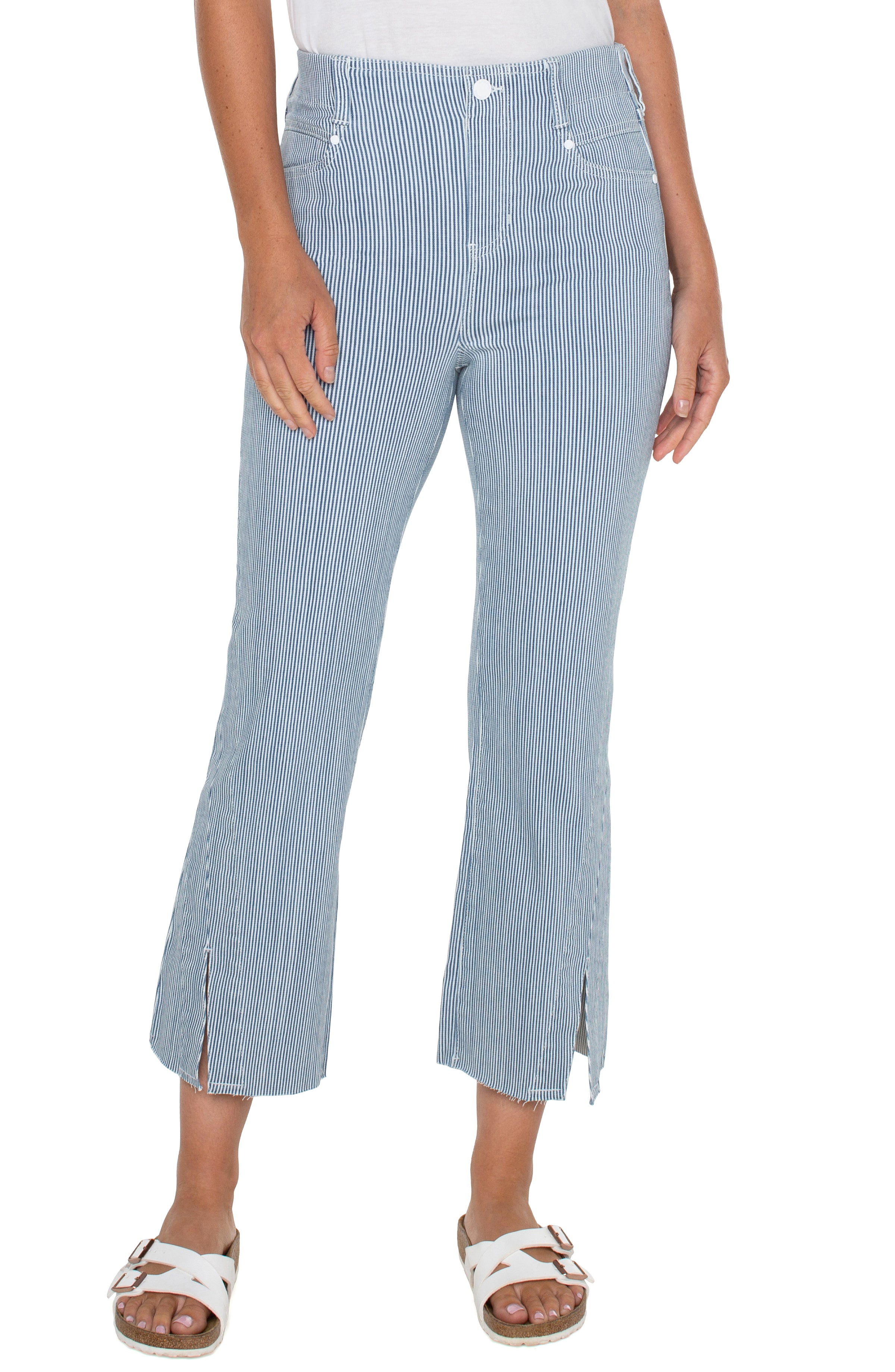 Liverpool Gia Glider Crop Flare Twisted Seam - Chambray Stripe Front View