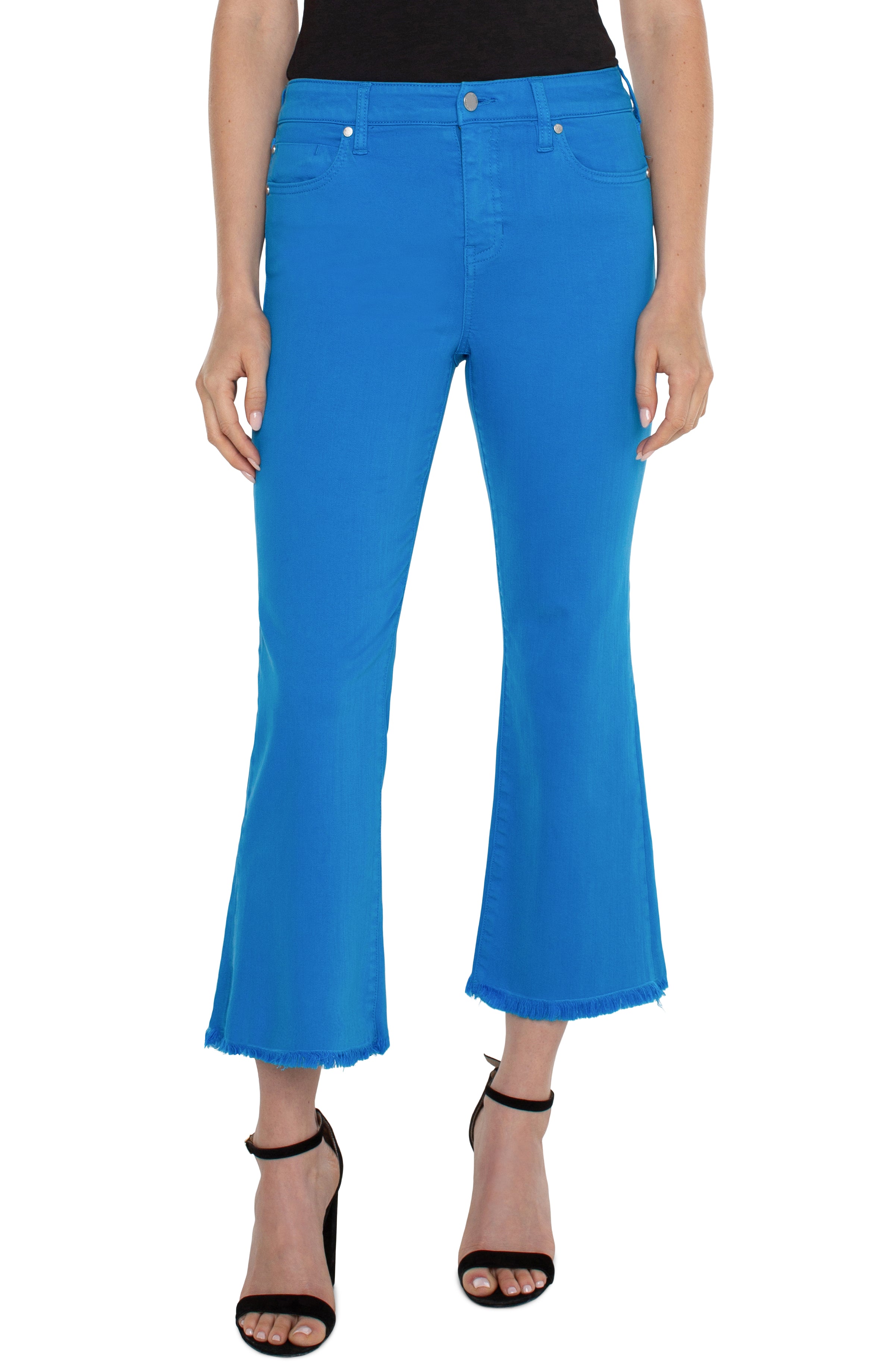 Liverpool Hannah Crop Flare with Fray Hem - Diva Blue Front View