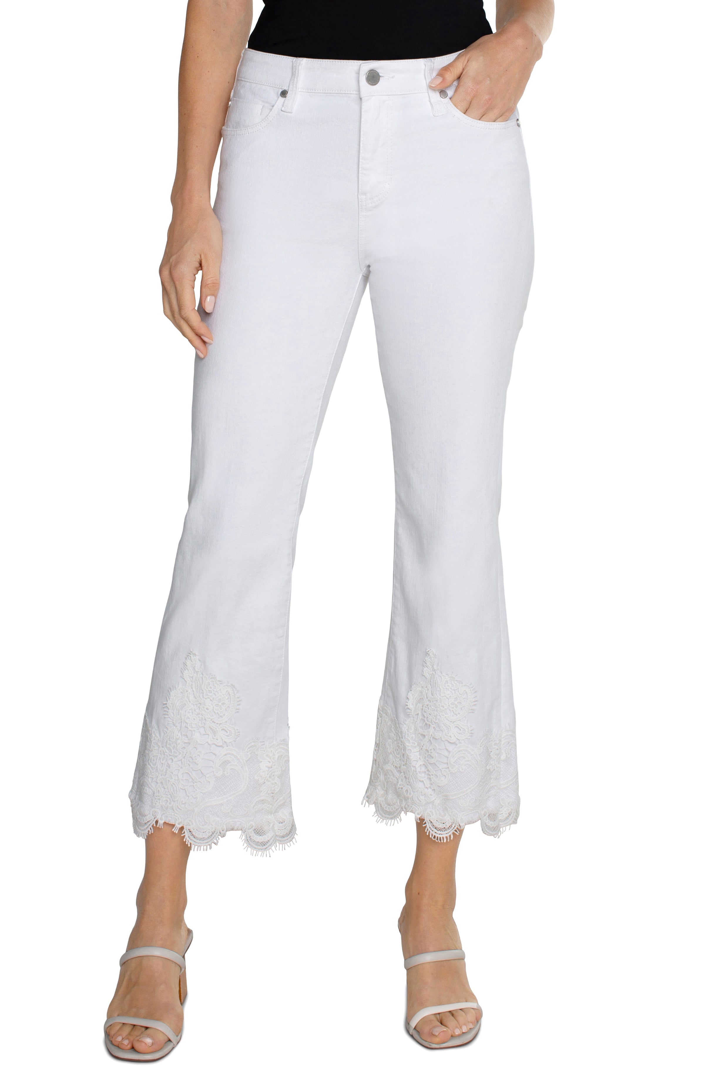 Liverpool Hannah Crop Flare with Lace Appliqué and Fray - Bright White  Front View