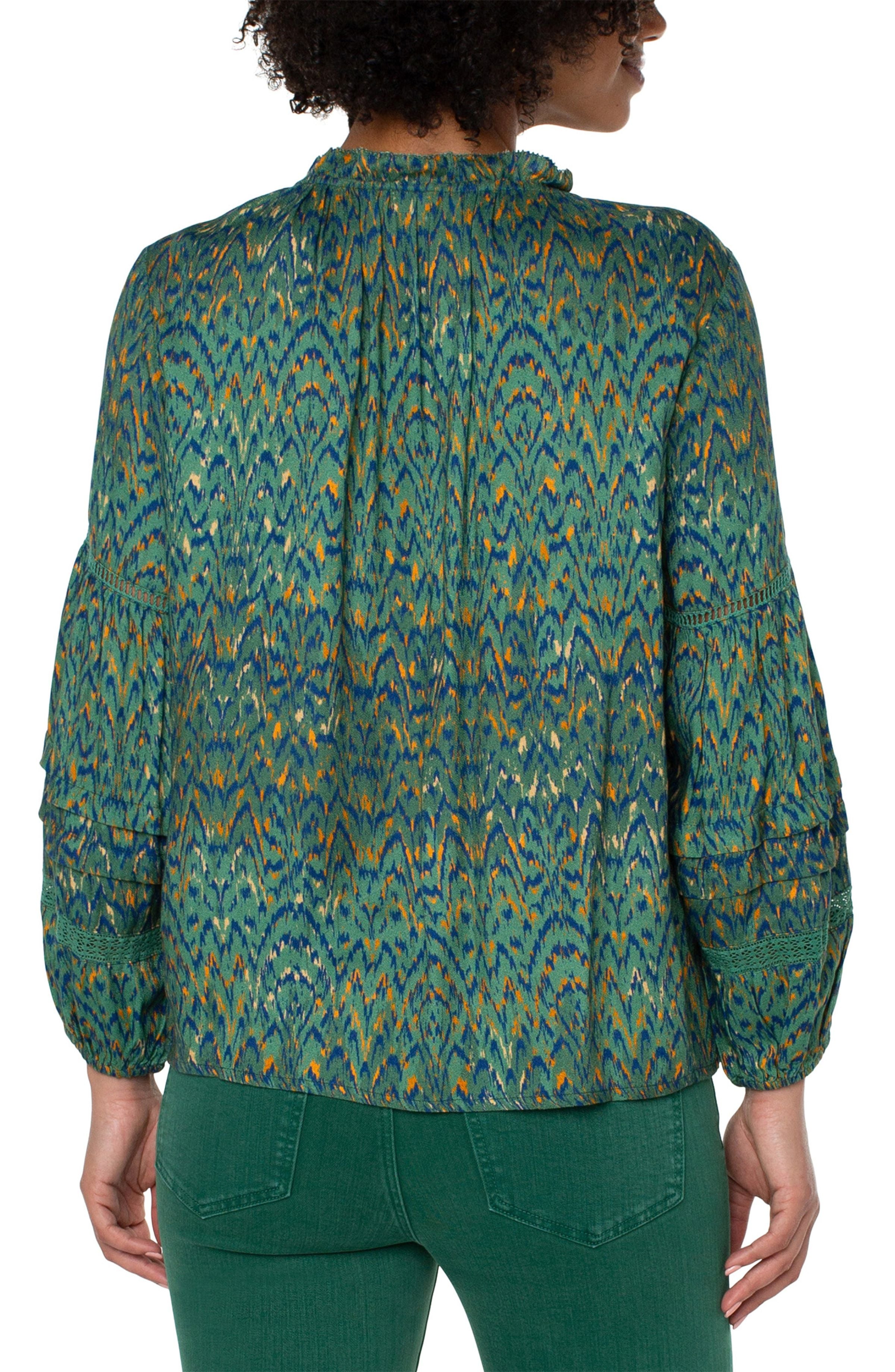 Liverpool Long Sleeve Top - Emerald Ikat Print