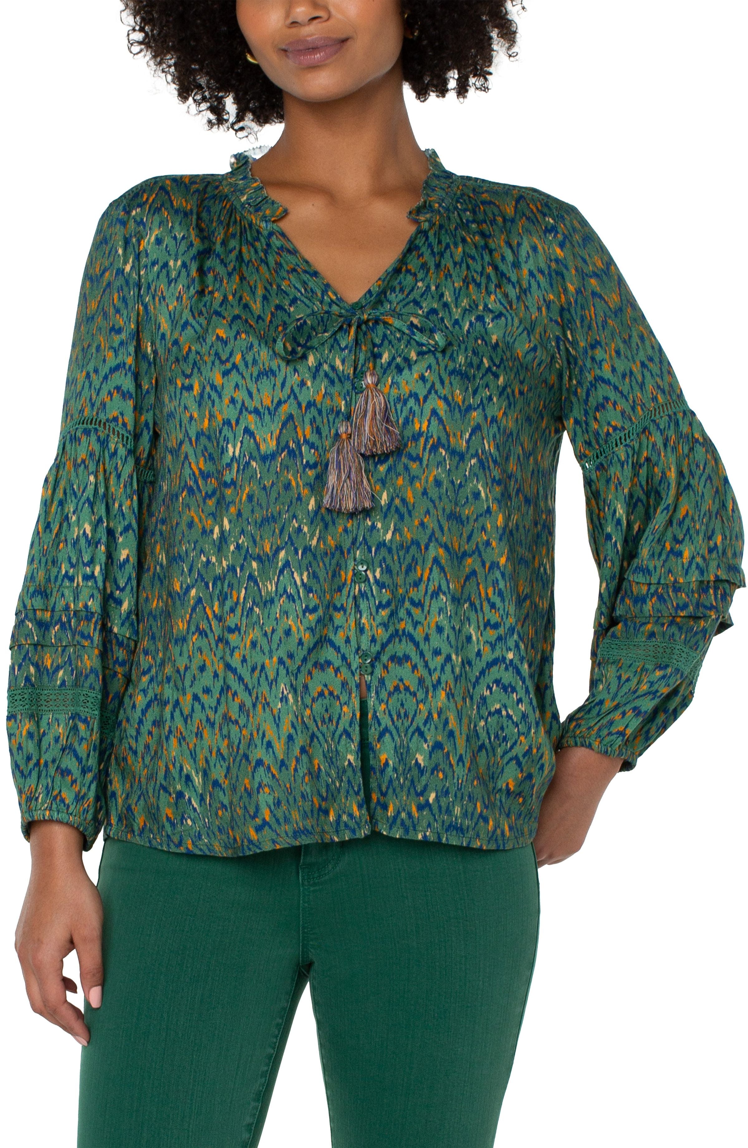 Liverpool Long Sleeve Top - Emerald Ikat Print