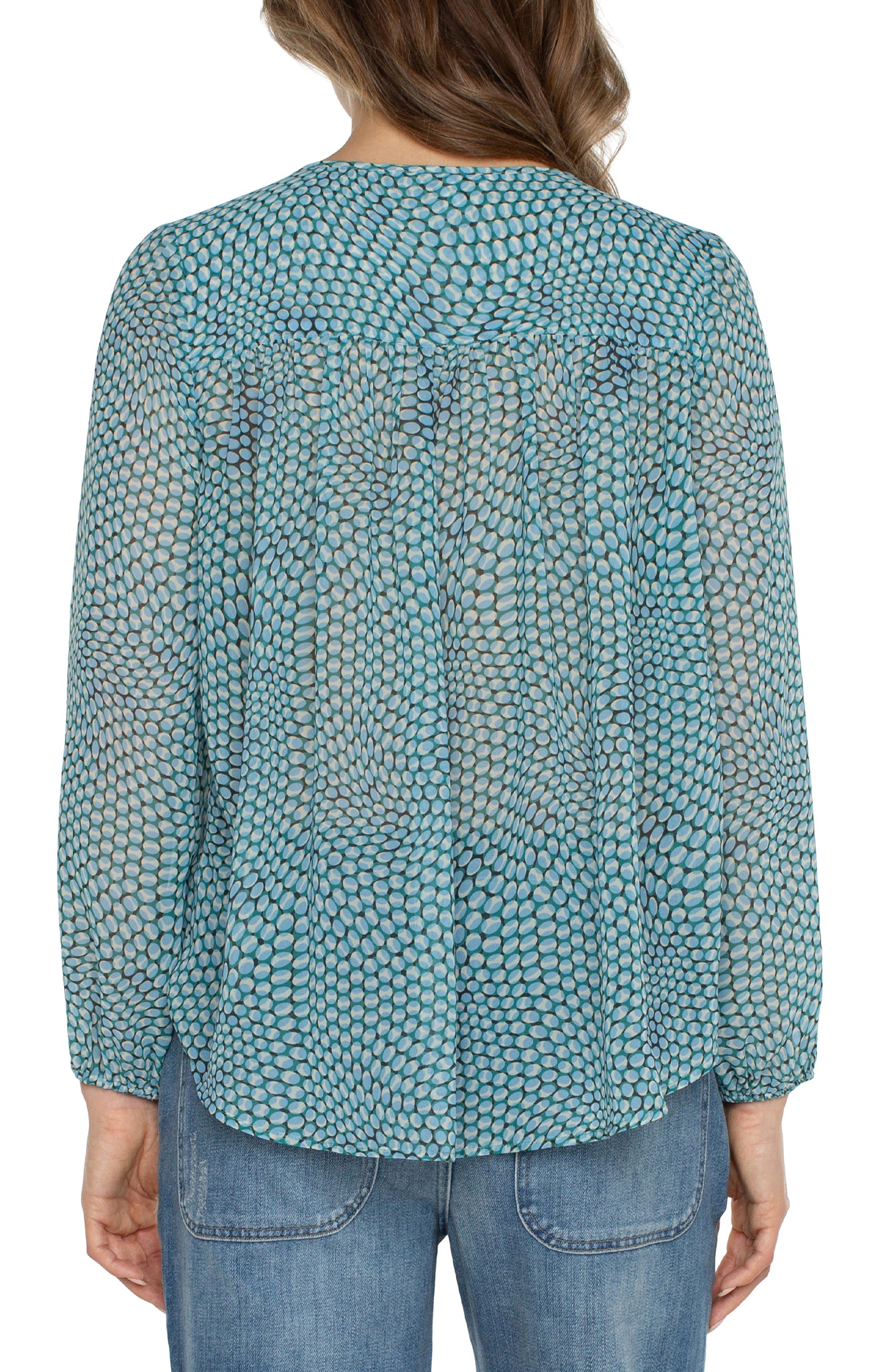 Liverpool Long Sleeve Front Tie Shirred Back Blouse - Ocean Blue Dot Back View