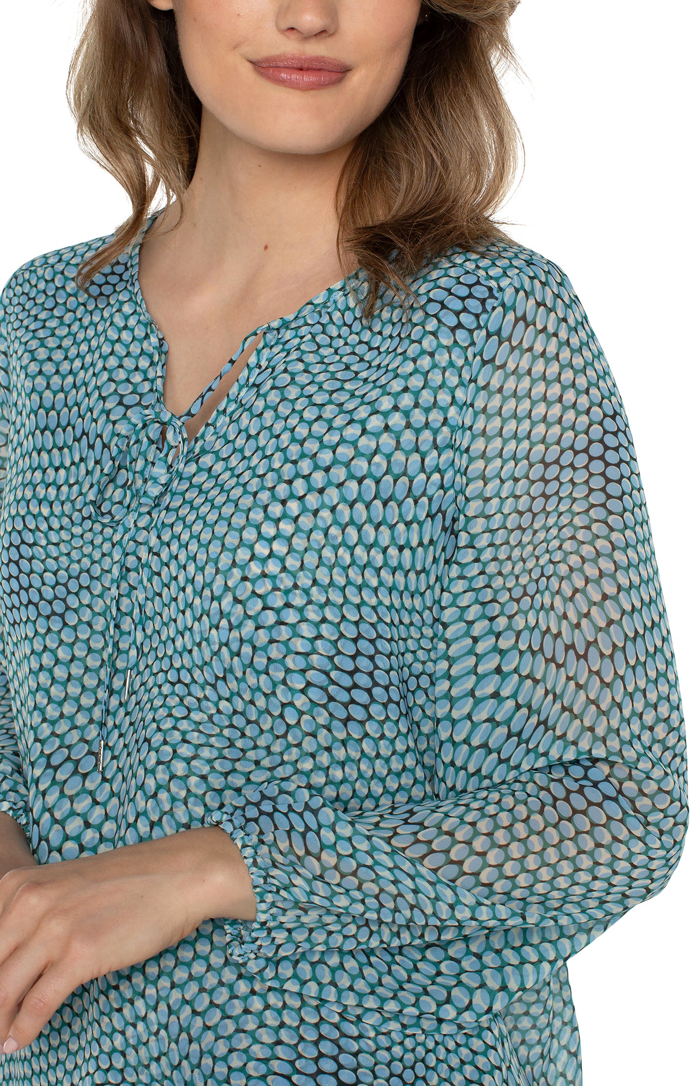 Liverpool Long Sleeve Front Tie Shirred Back Blouse - Ocean Blue Dot Close Up View