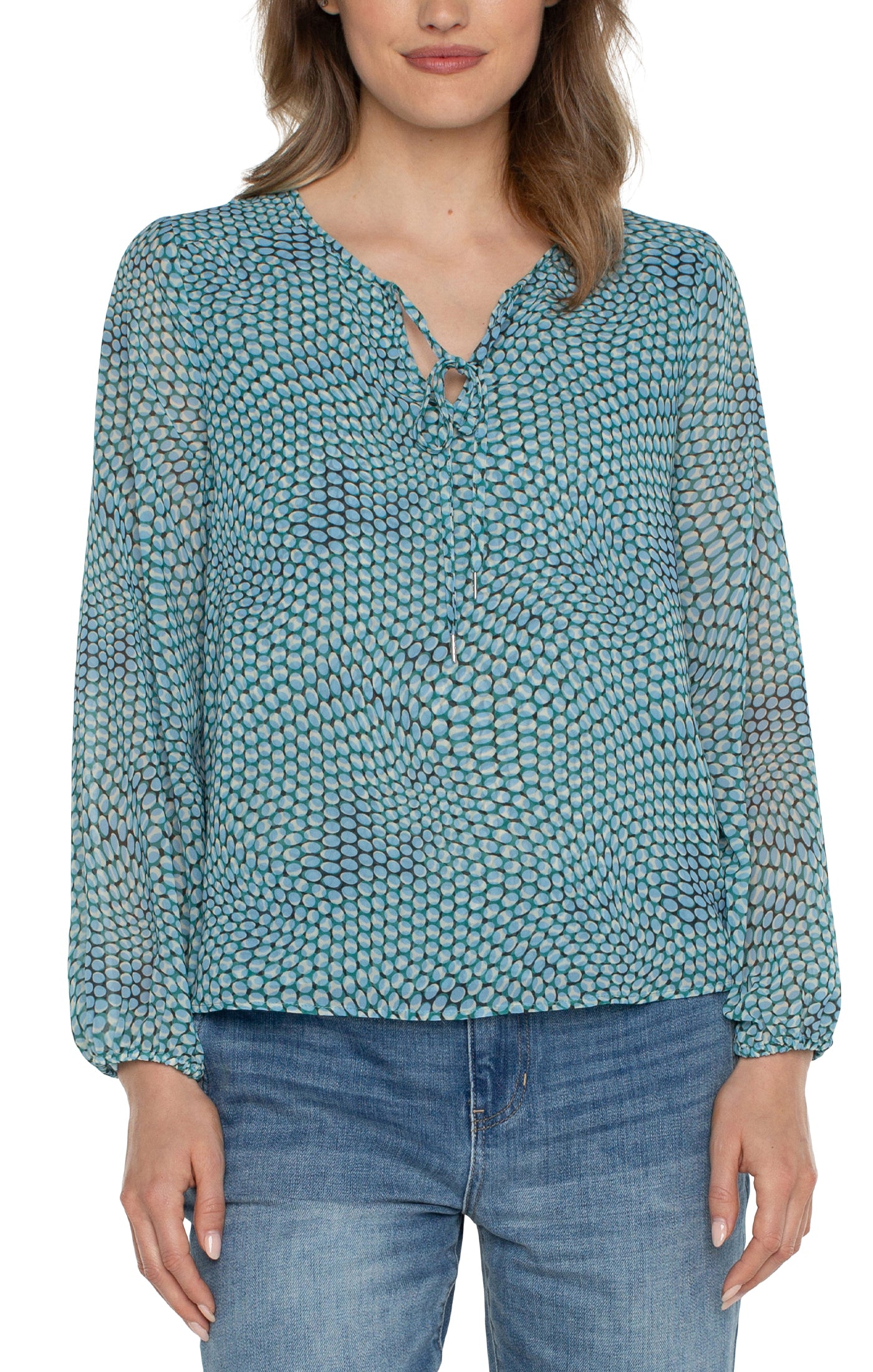 Liverpool Long Sleeve Front Tie Shirred Back Blouse - Ocean Blue Dot Front View