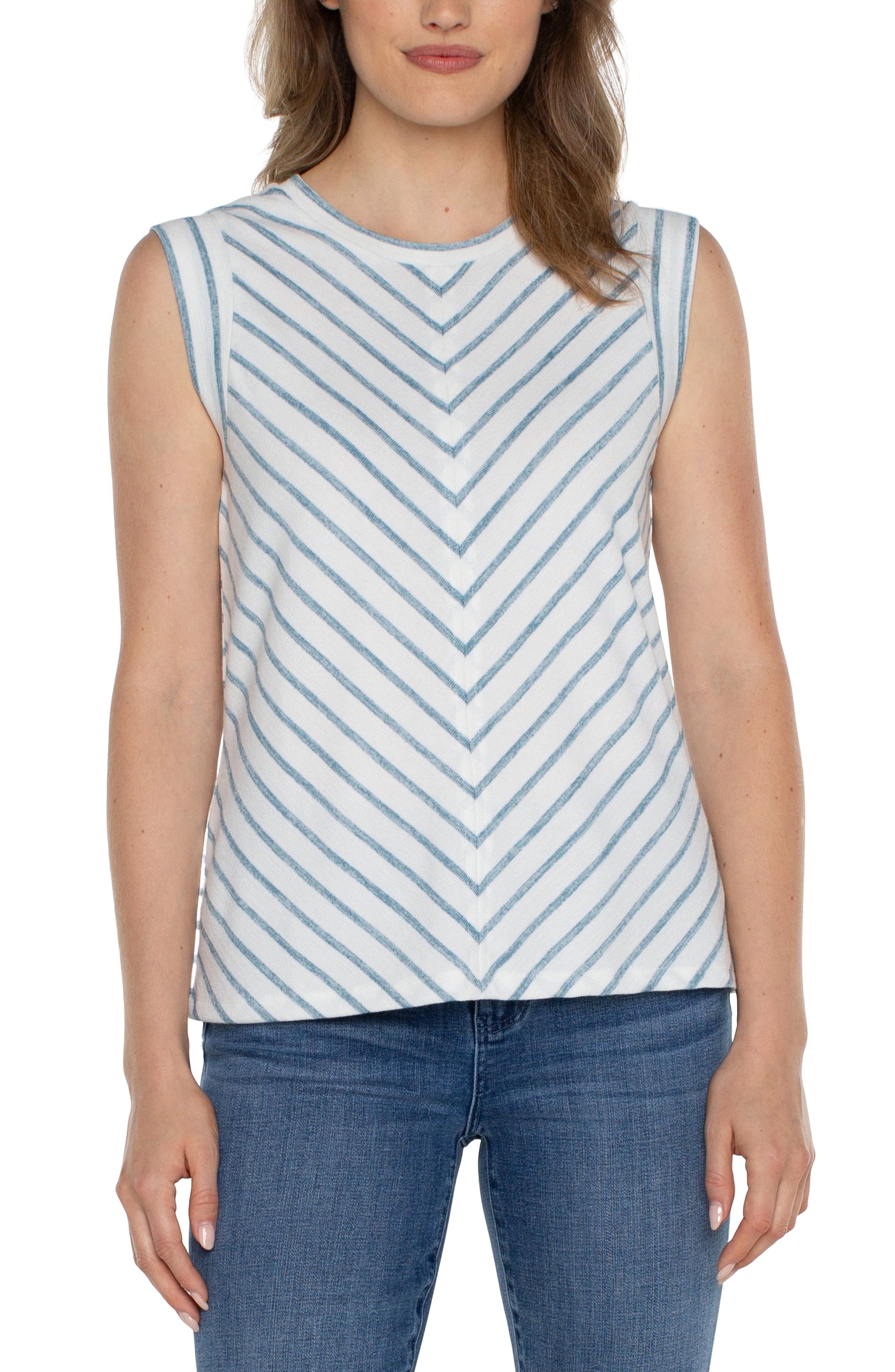 Liverpool Scoop Neck Modern Muscle Tee - White Ocean Blue stripe Front View