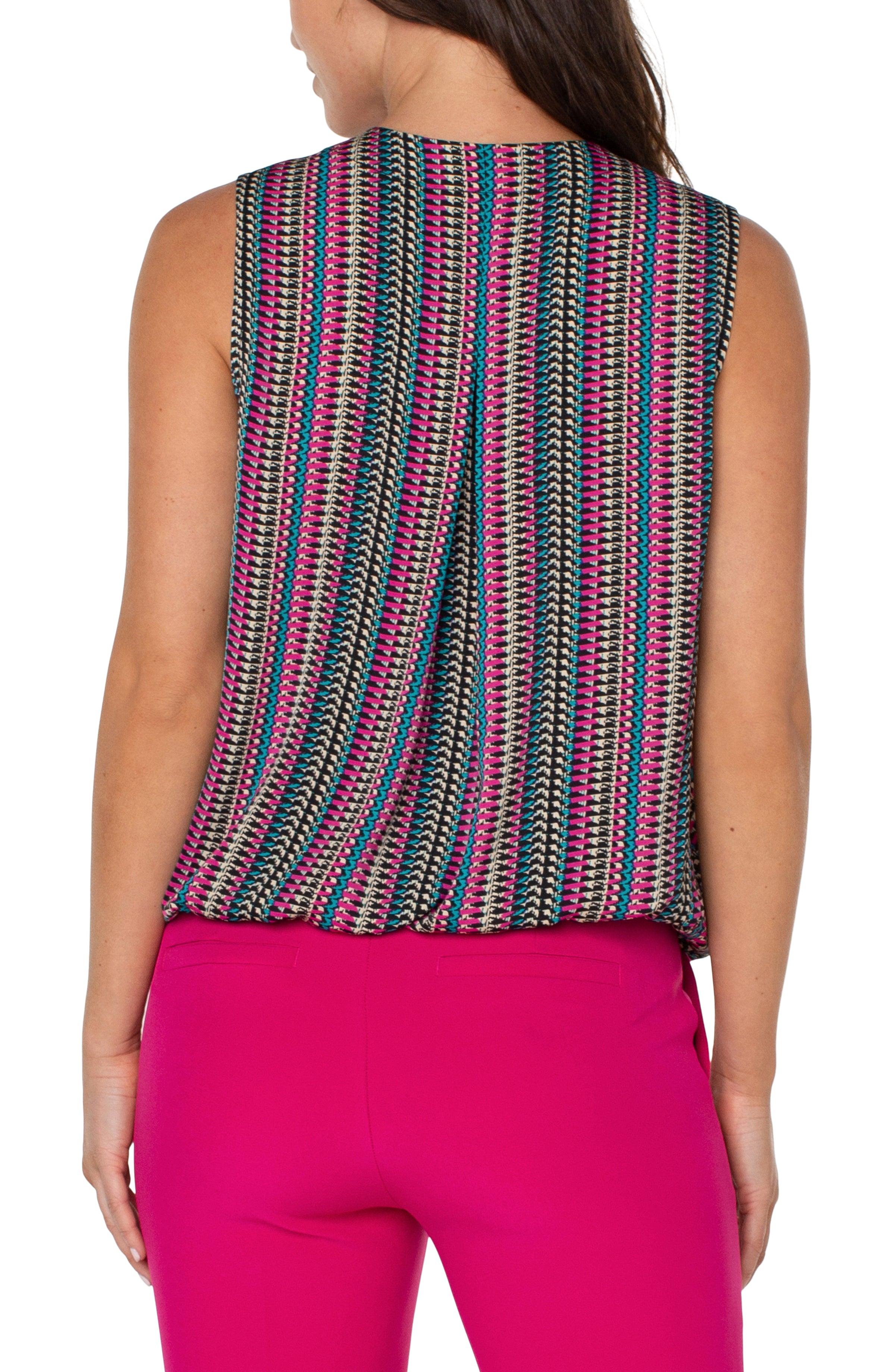 Liverpool Sleeveless V Neck Front Woven Top - Texture Mutli Stripe Back View