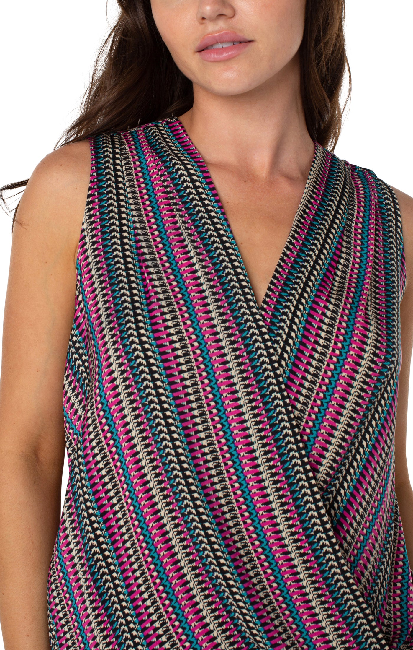 Liverpool Sleeveless V Neck Front Woven Top - Texture Mutli Stripe Close Up View