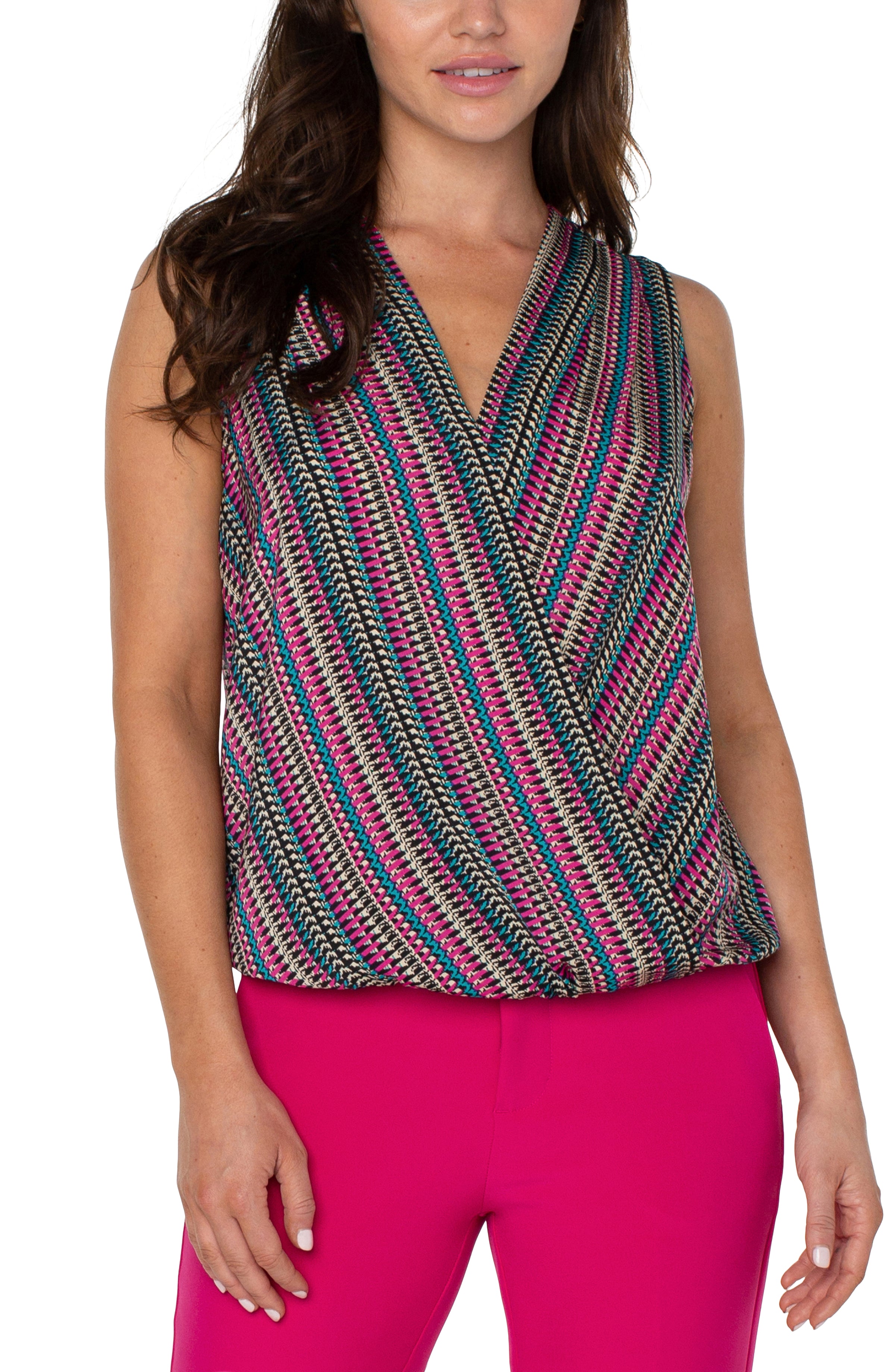 Liverpool Sleeveless V Neck Front Woven Top - Texture Mutli Stripe Front View