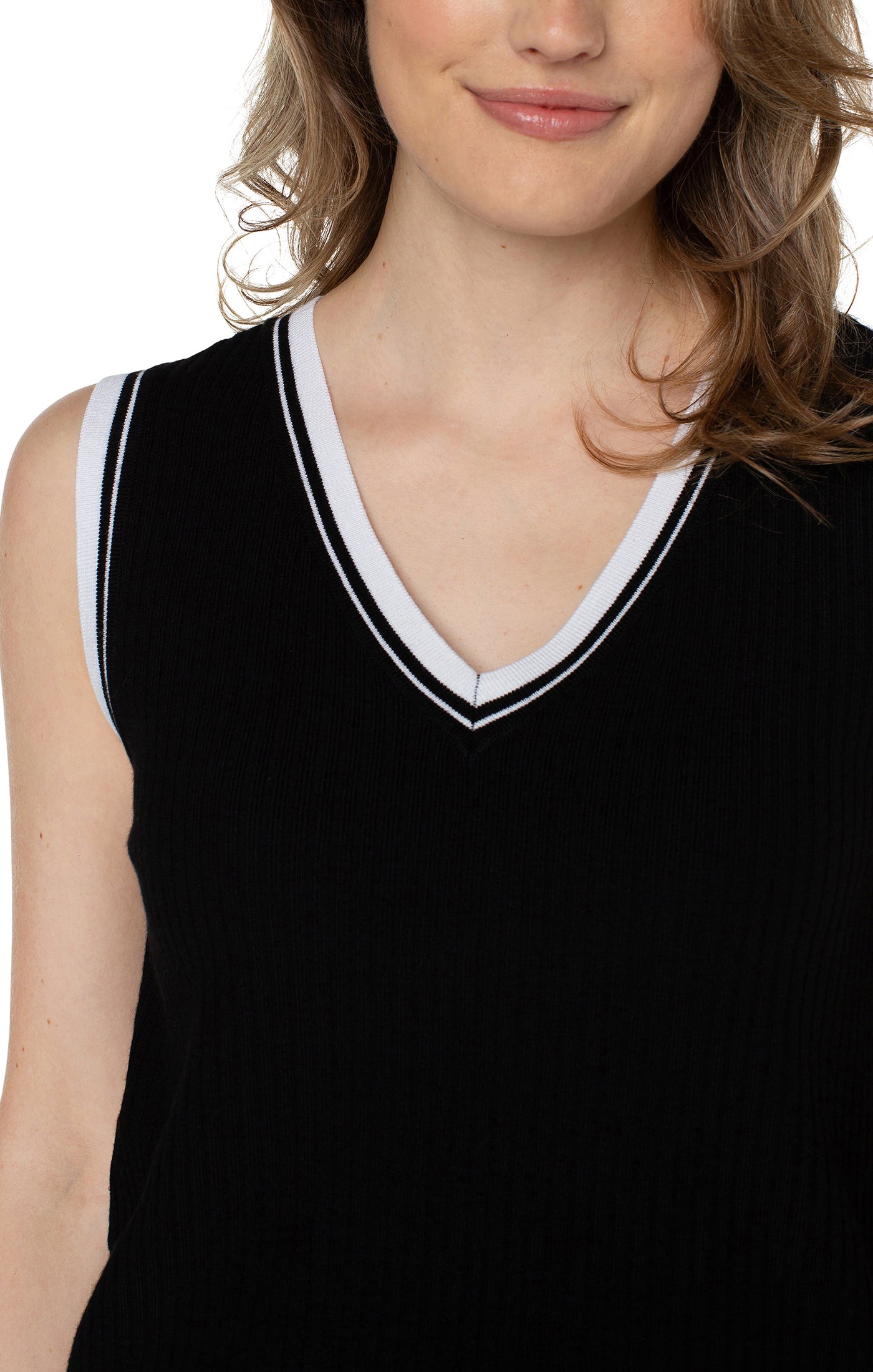 Liverpool Sleeveless V Neck Sweater - Black/white Contrast Close Up View