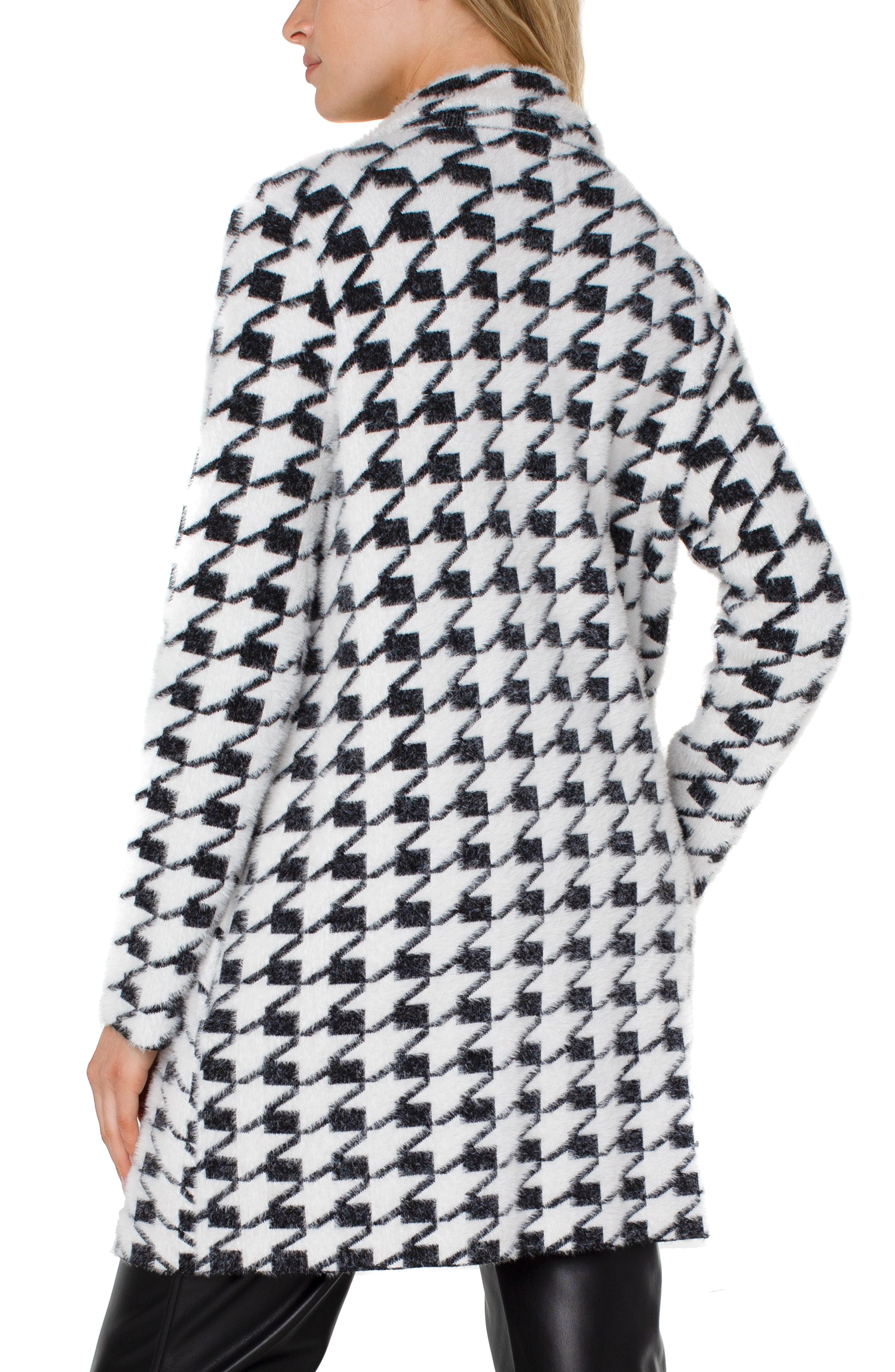 Open Front Coatigan Sweater - Black and White Houndstooth