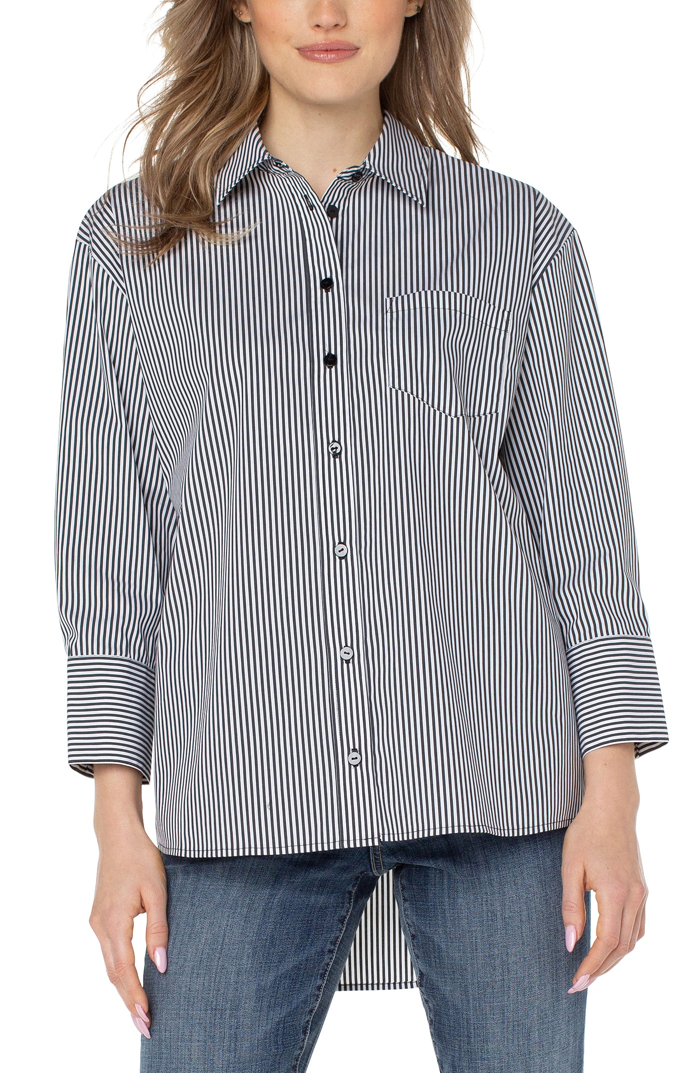Liverpool Oversized Classic Button Up Top - Black/White Stripe